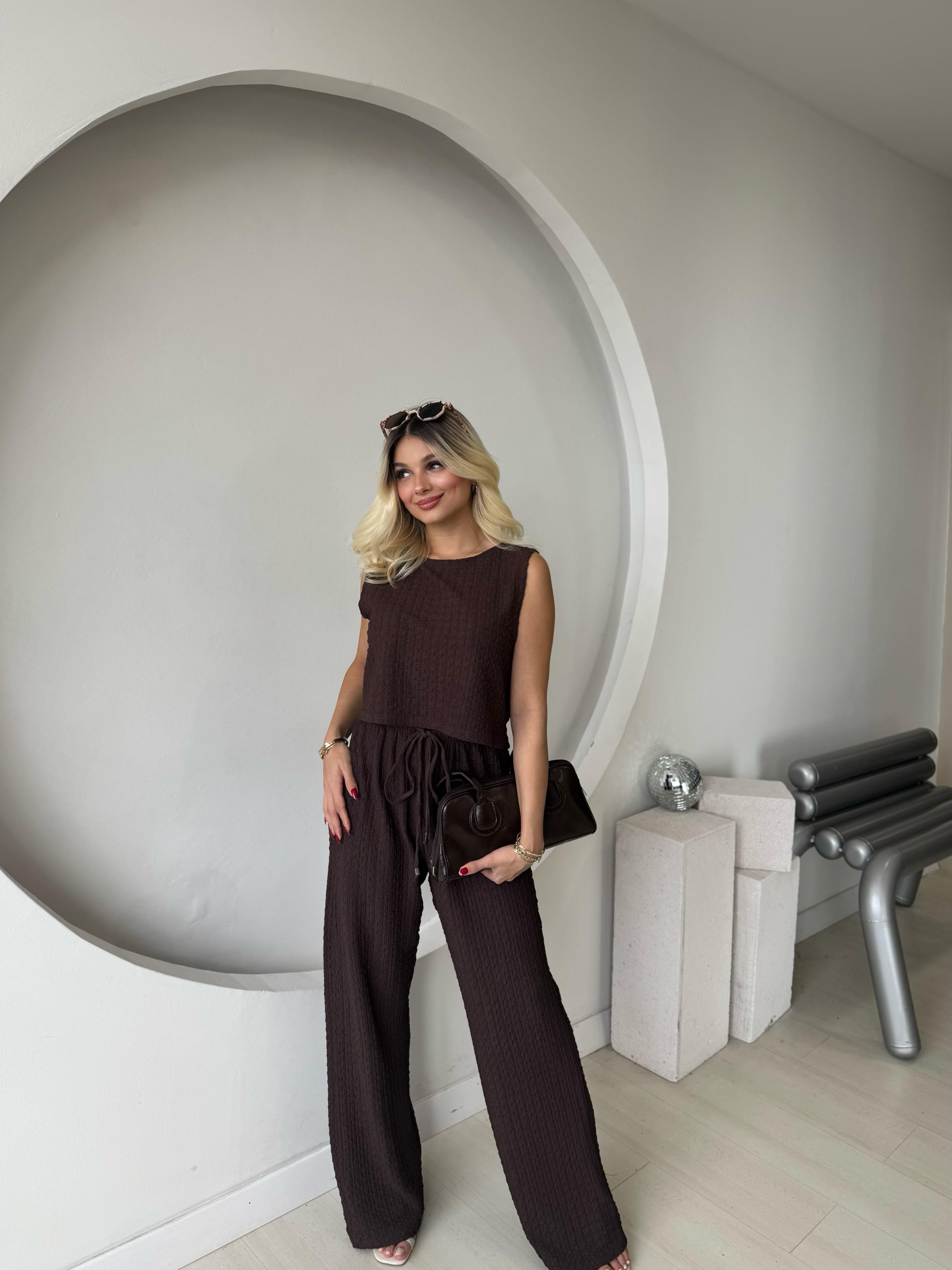 Kahve Dokulu Crop Takım