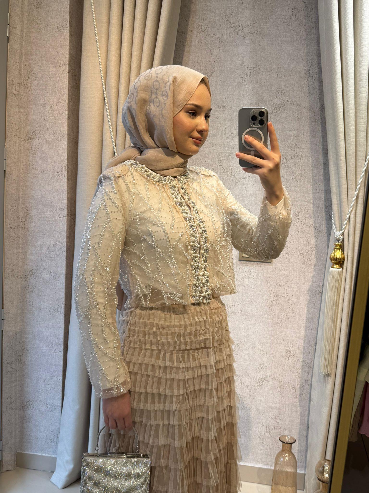MMZ Taş Ve Boncuk İşlemeli Abiye Ceket bej