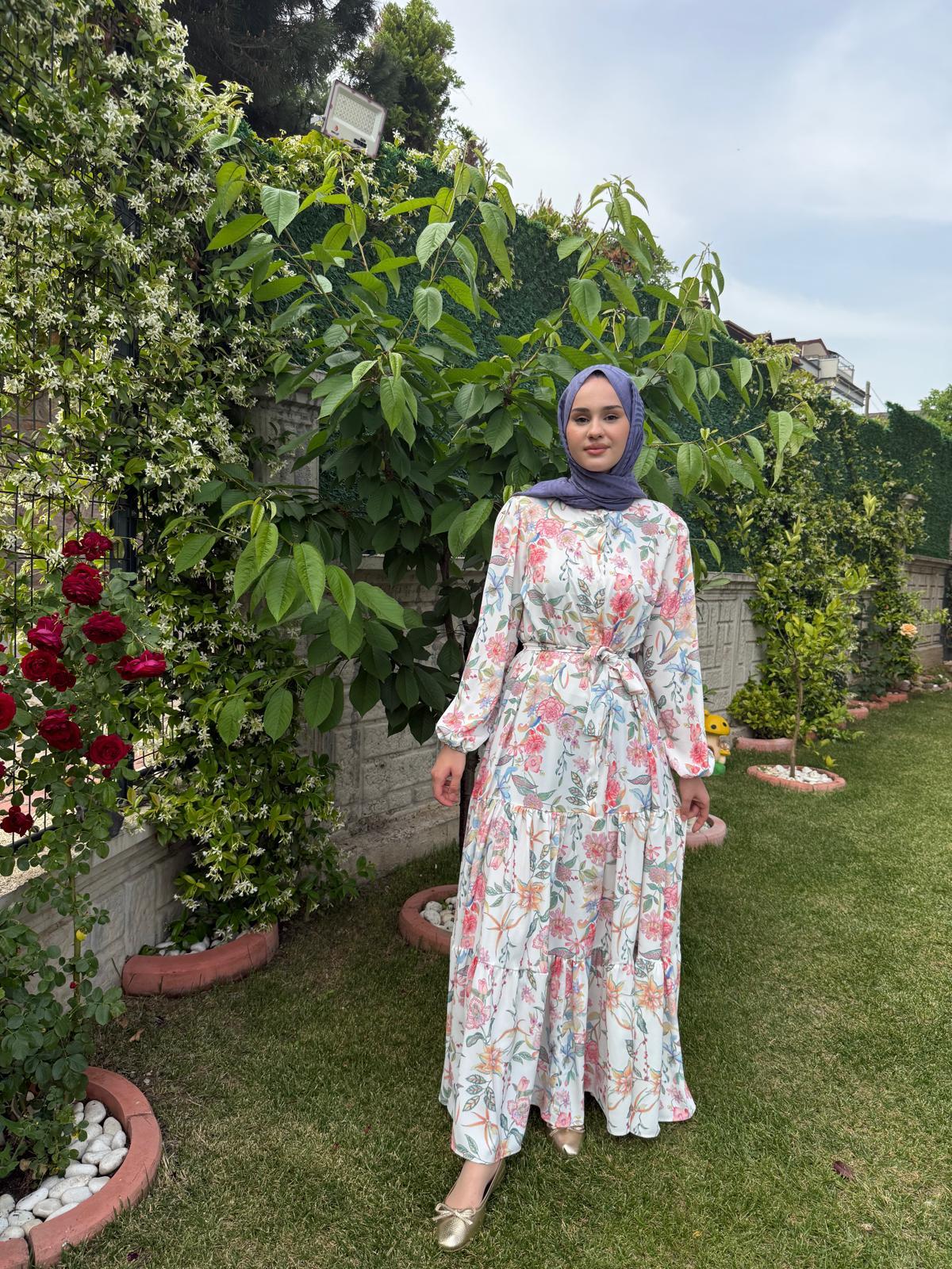 Çicekli Yazlık Şİfon Elbise Pembe