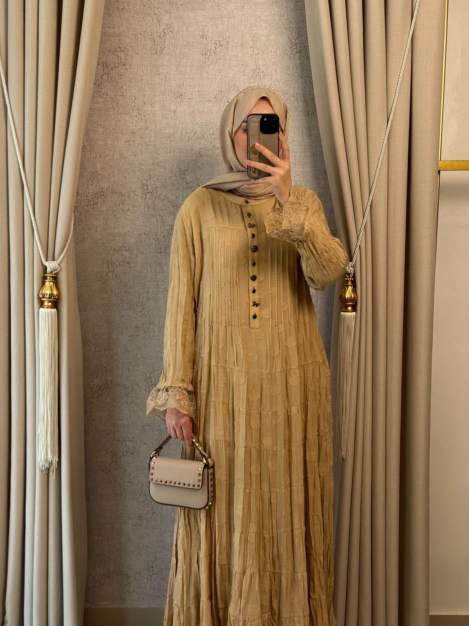 Lissmore 6303 Etek Ucu Dantel Detay Elbise Camel