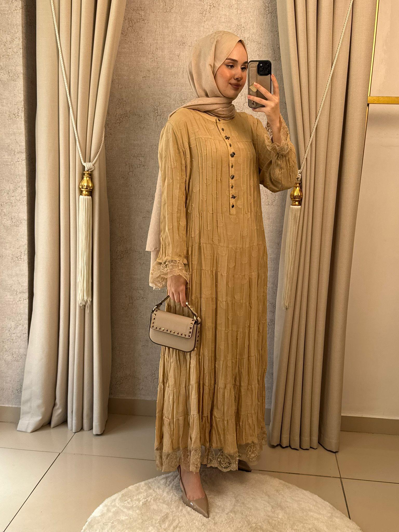 Lissmore 6303 Etek Ucu Dantel Detay Elbise Camel