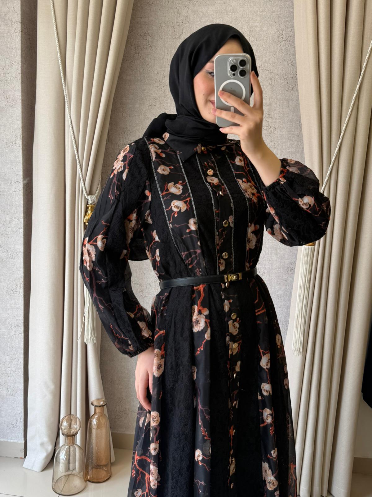 MMZ Çiçek Desenli Tasarım Elbise Siyah