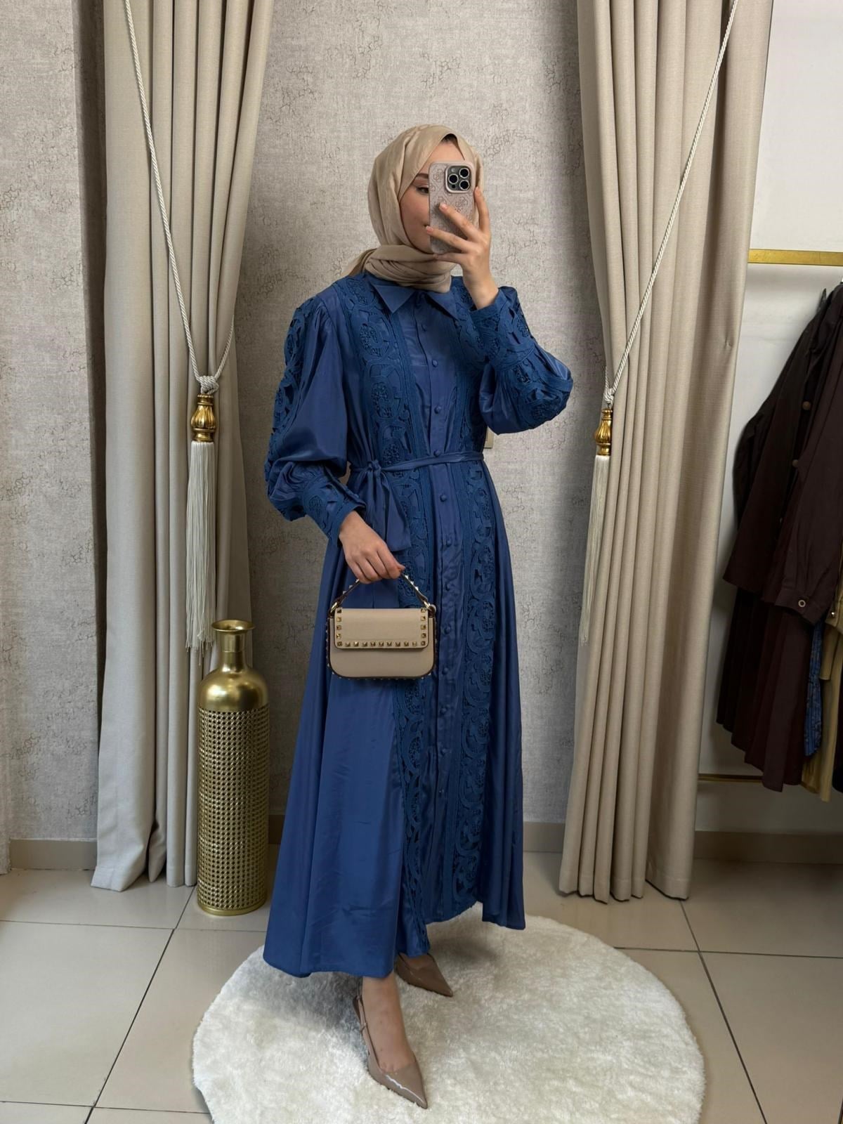 MMZ Dantel Şeritli Tasarım Elbise Mavi