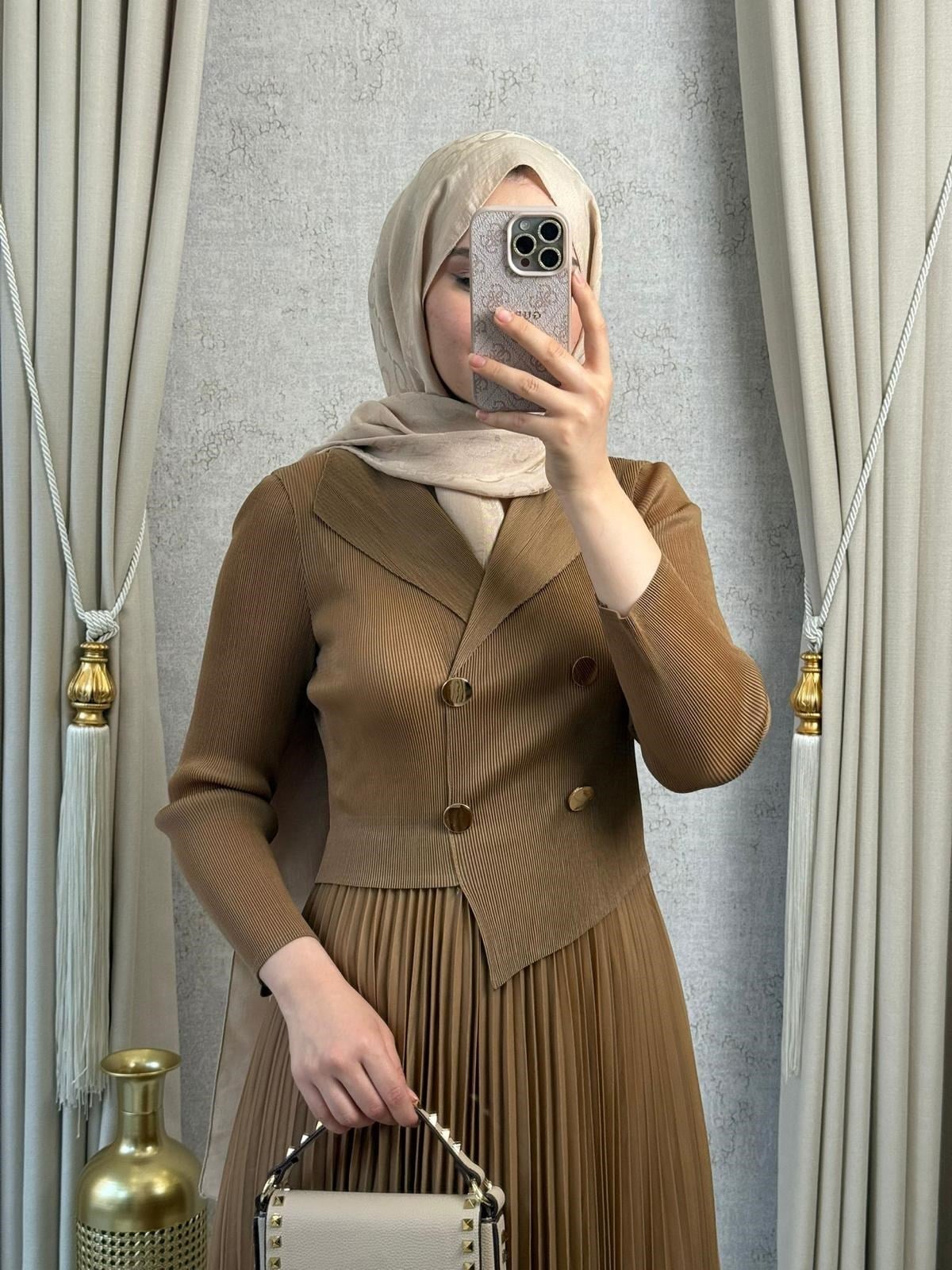 MMZ Eteği İncili Akordiyon Elbise Camel