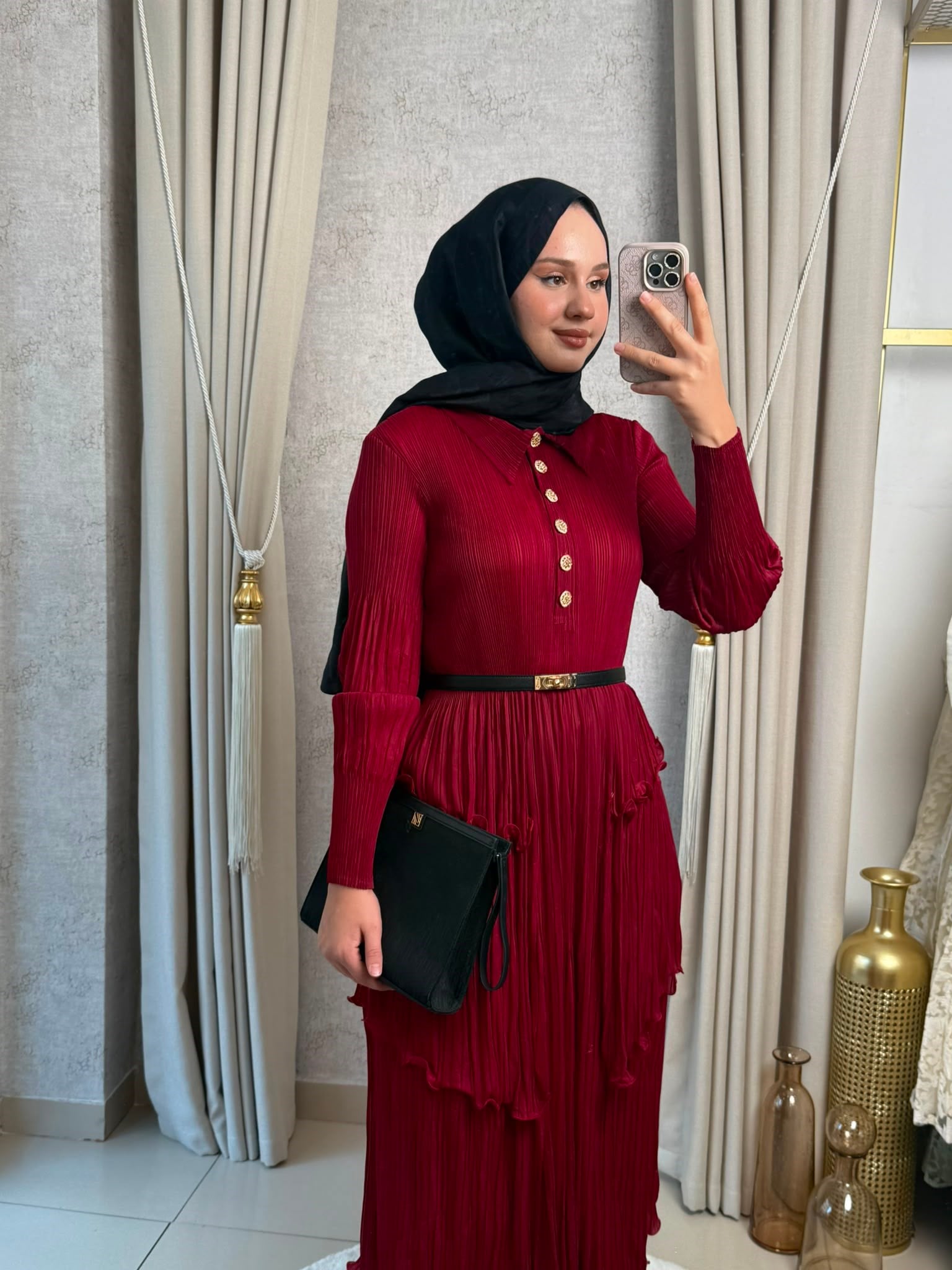 MMZ Fırfır Detaylı Düğmeli Akordiyon Elbise Bordo