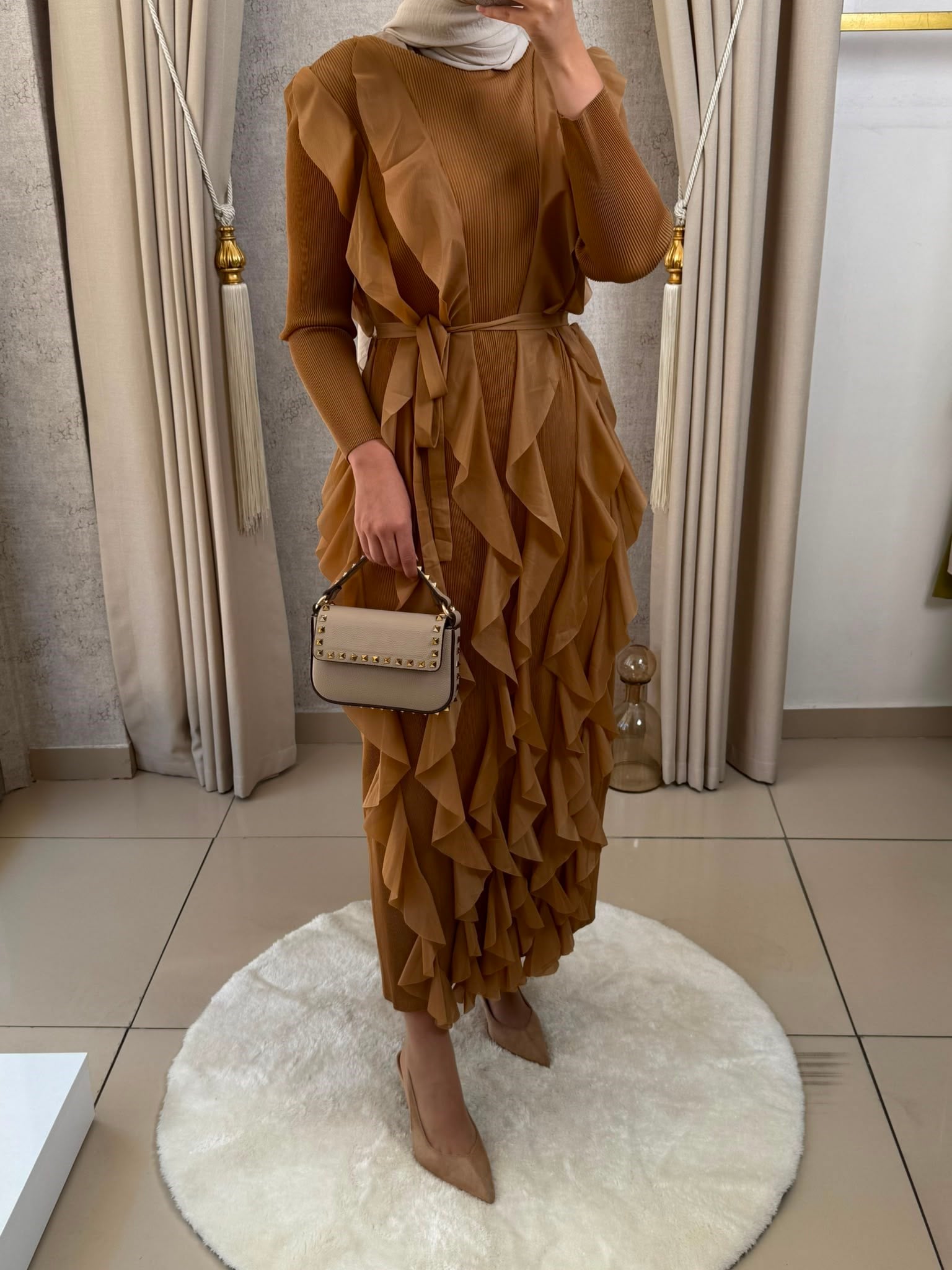 MMZ Fırfırlı Akordiyon Elbise Camel