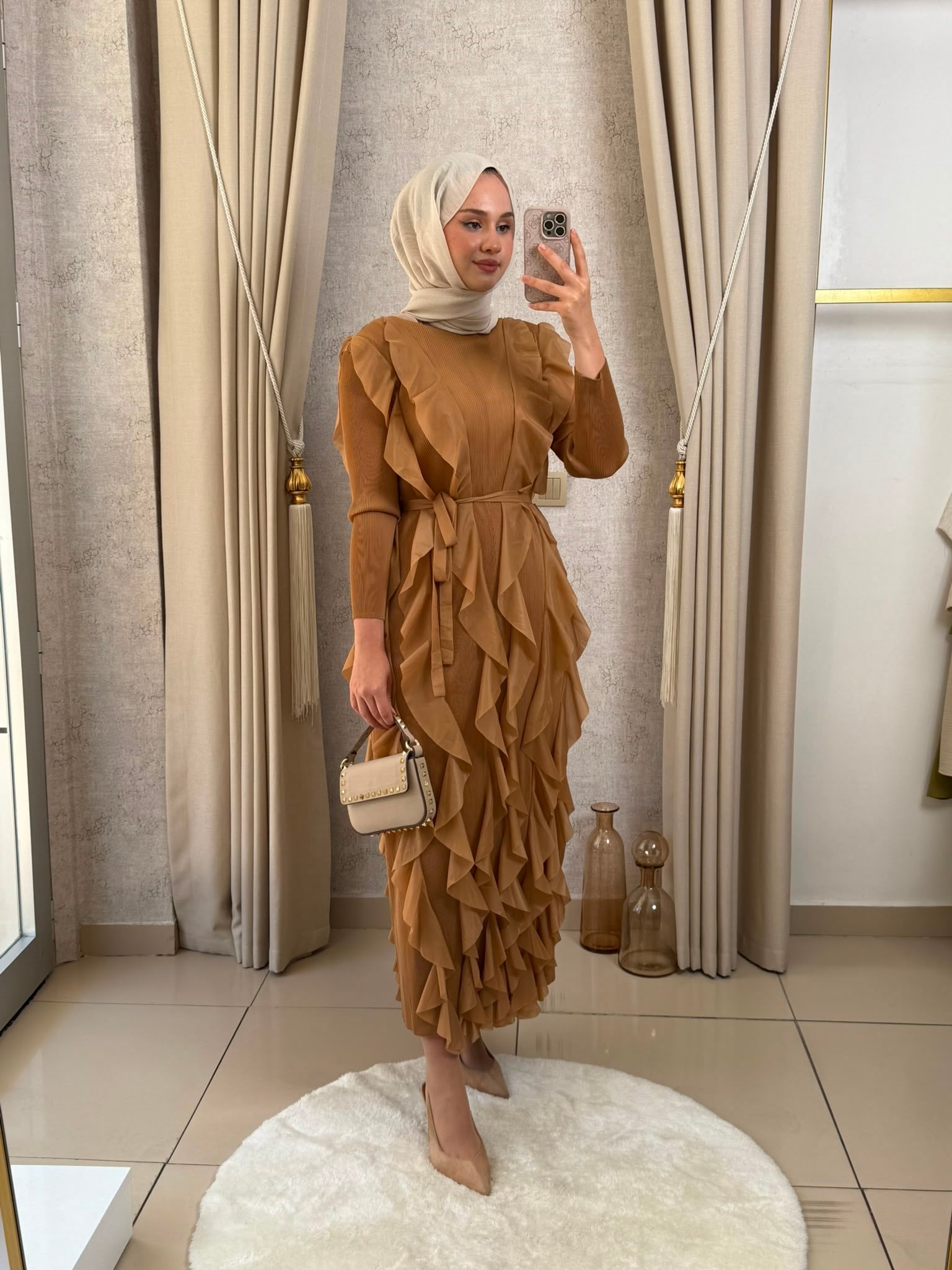 MMZ Fırfırlı Akordiyon Elbise Camel