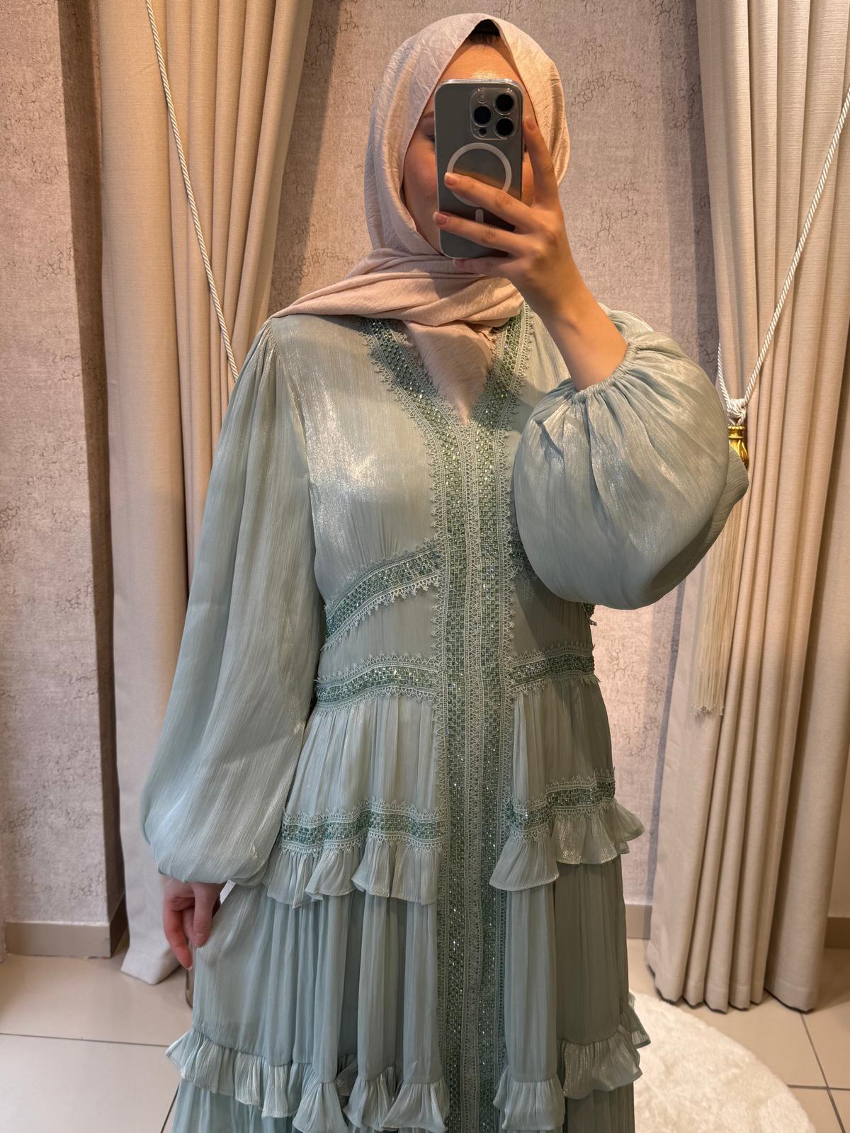 MMZ Taş Baskılı Fırfırlı Elbise Mint