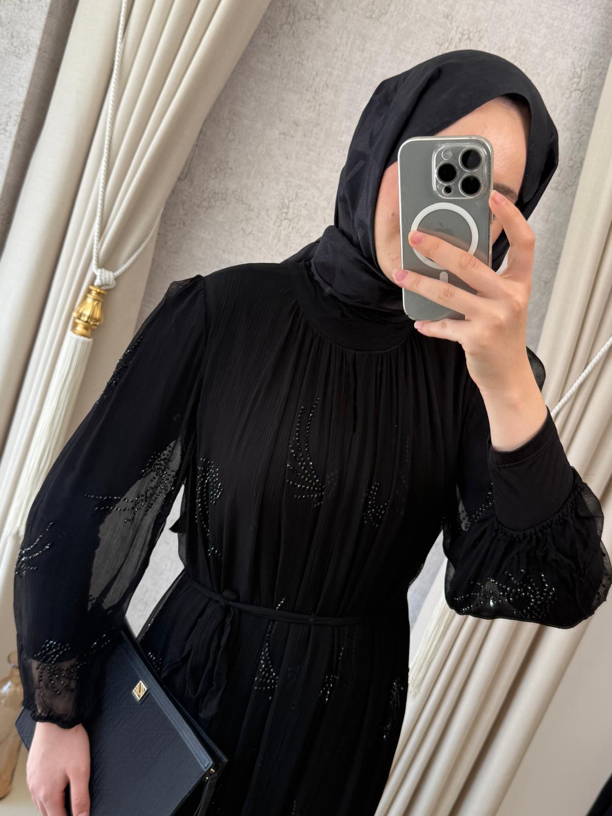 MMZ Taş Baskılı Şifon Elbise Siyah
