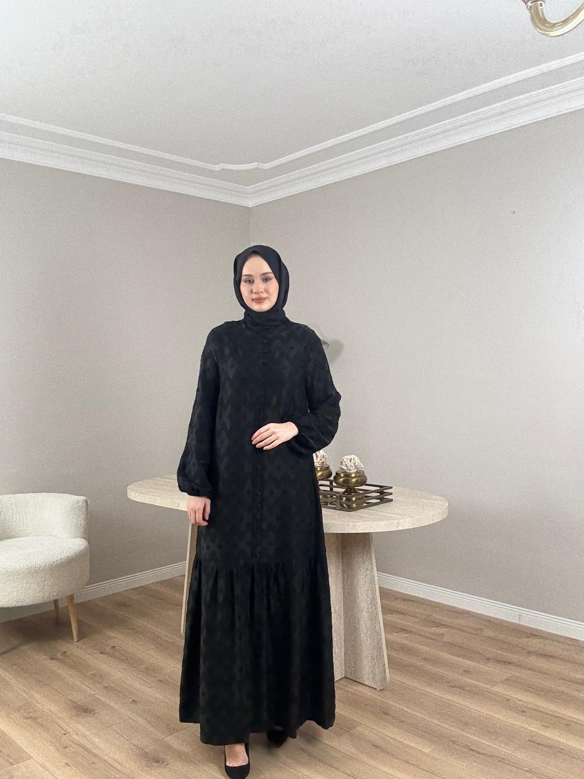 Nuss 2026 Kendinden Dokulu İpek Kupra Elbise Siyah