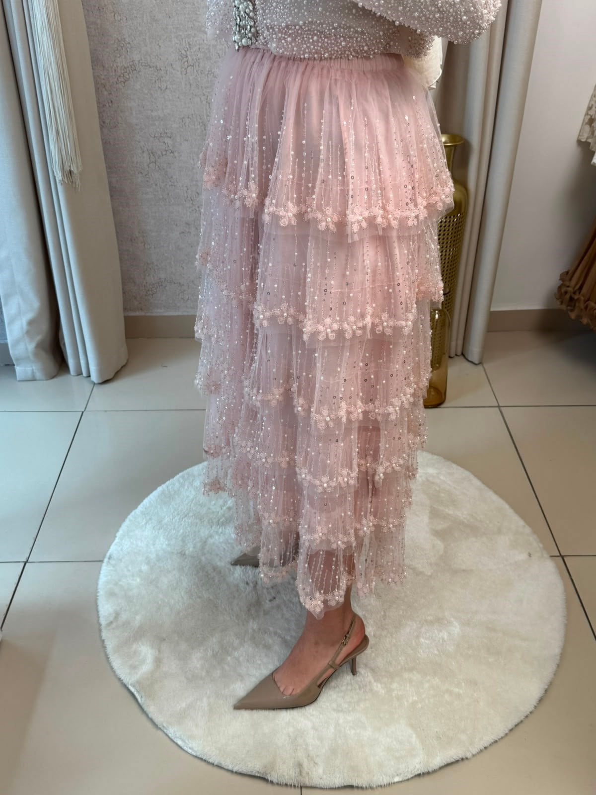 MMZ Taşlı Kat Kat Etek Pembe