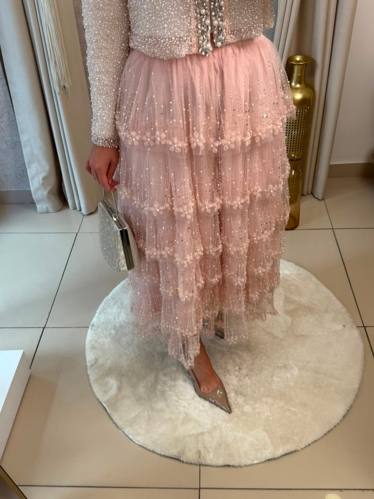 MMZ Taşlı Kat Kat Etek Pembe