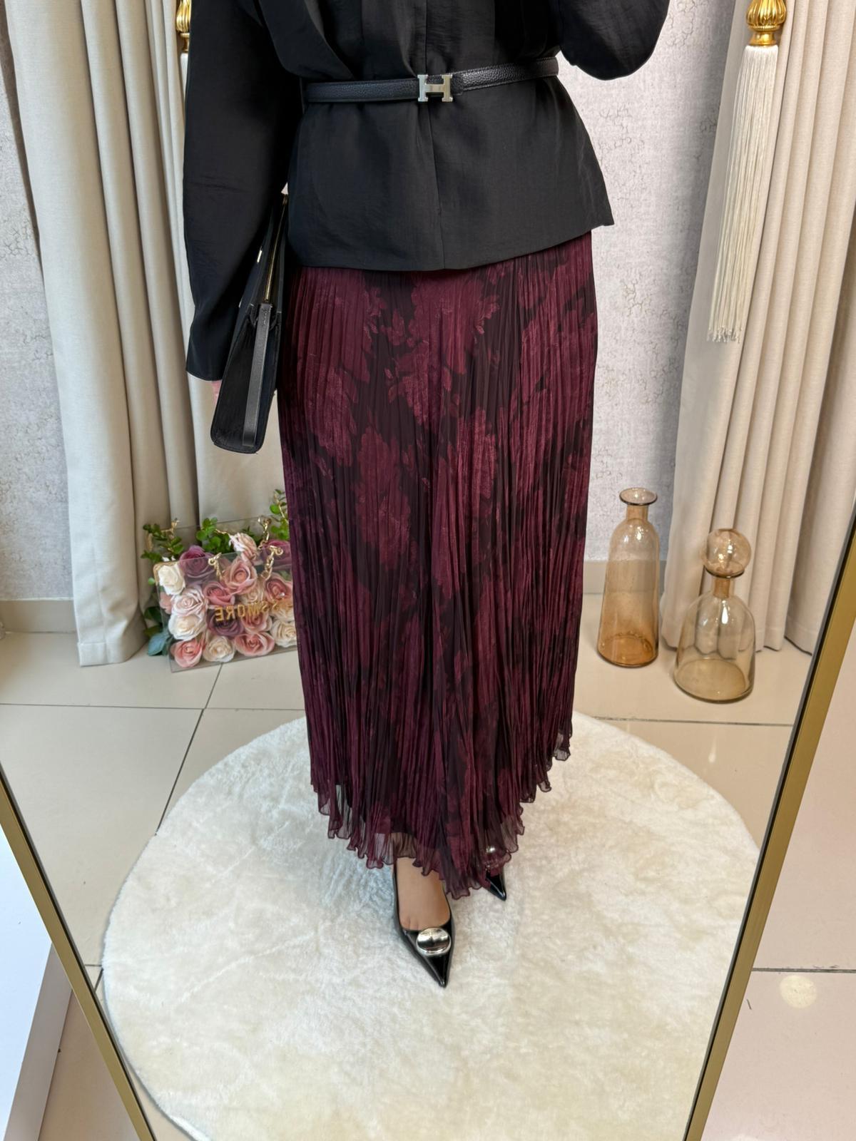 Sentez 5482 Leopar Şifon Kırıştırma Etek Bordo