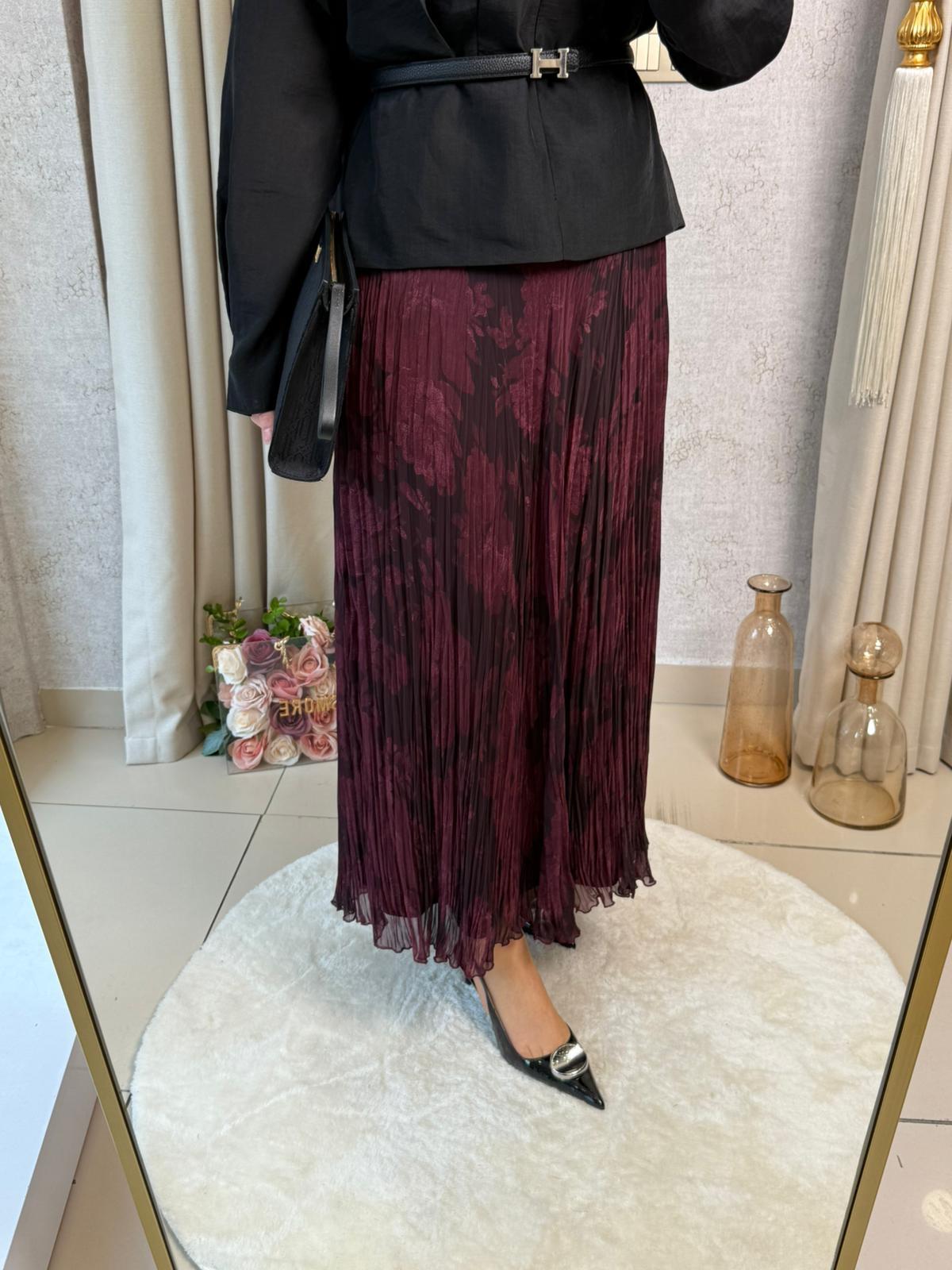 Sentez 5482 Leopar Şifon Kırıştırma Etek Bordo