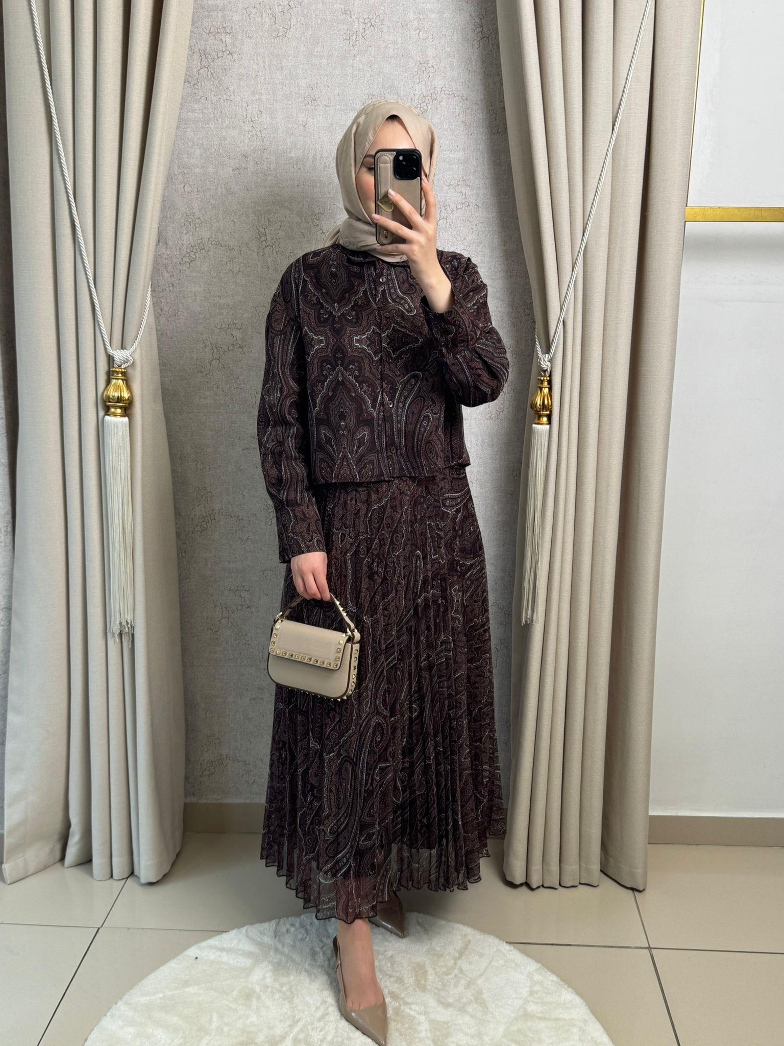 Miori Ethnic Pilise Soft Touch  Şifon Etekli Takım Kahverengi