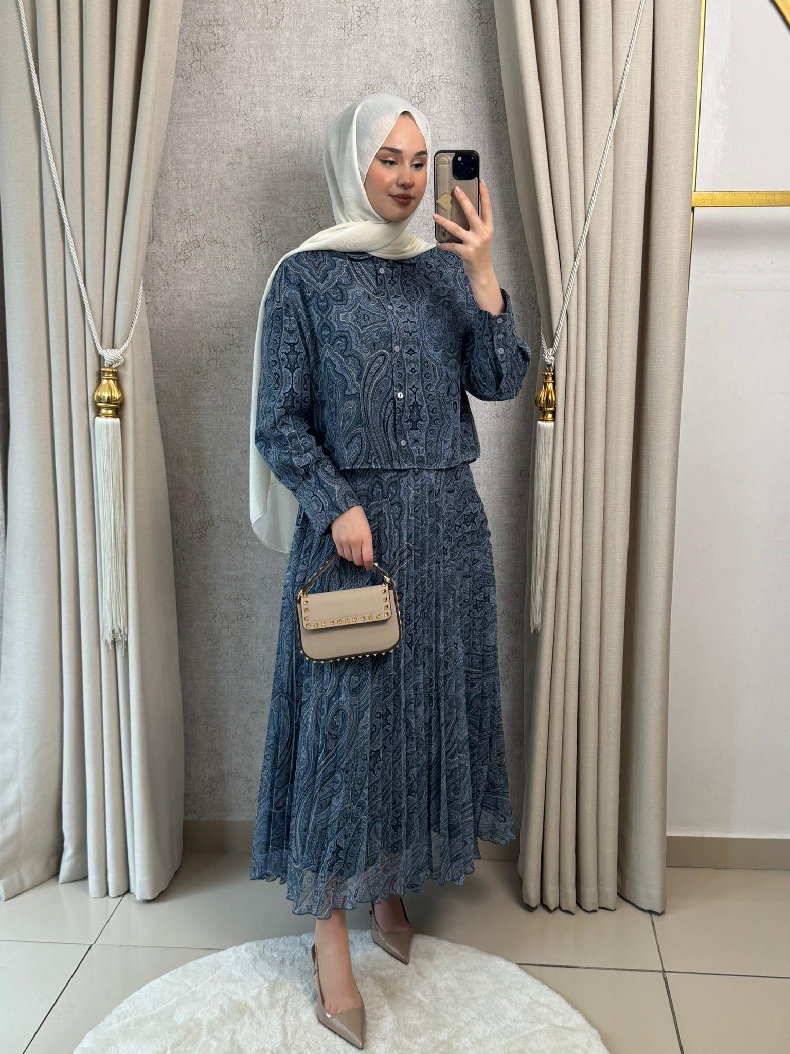 Miori Ethnic Pilise Soft Touch  Şifon Etekli Takım Mavi