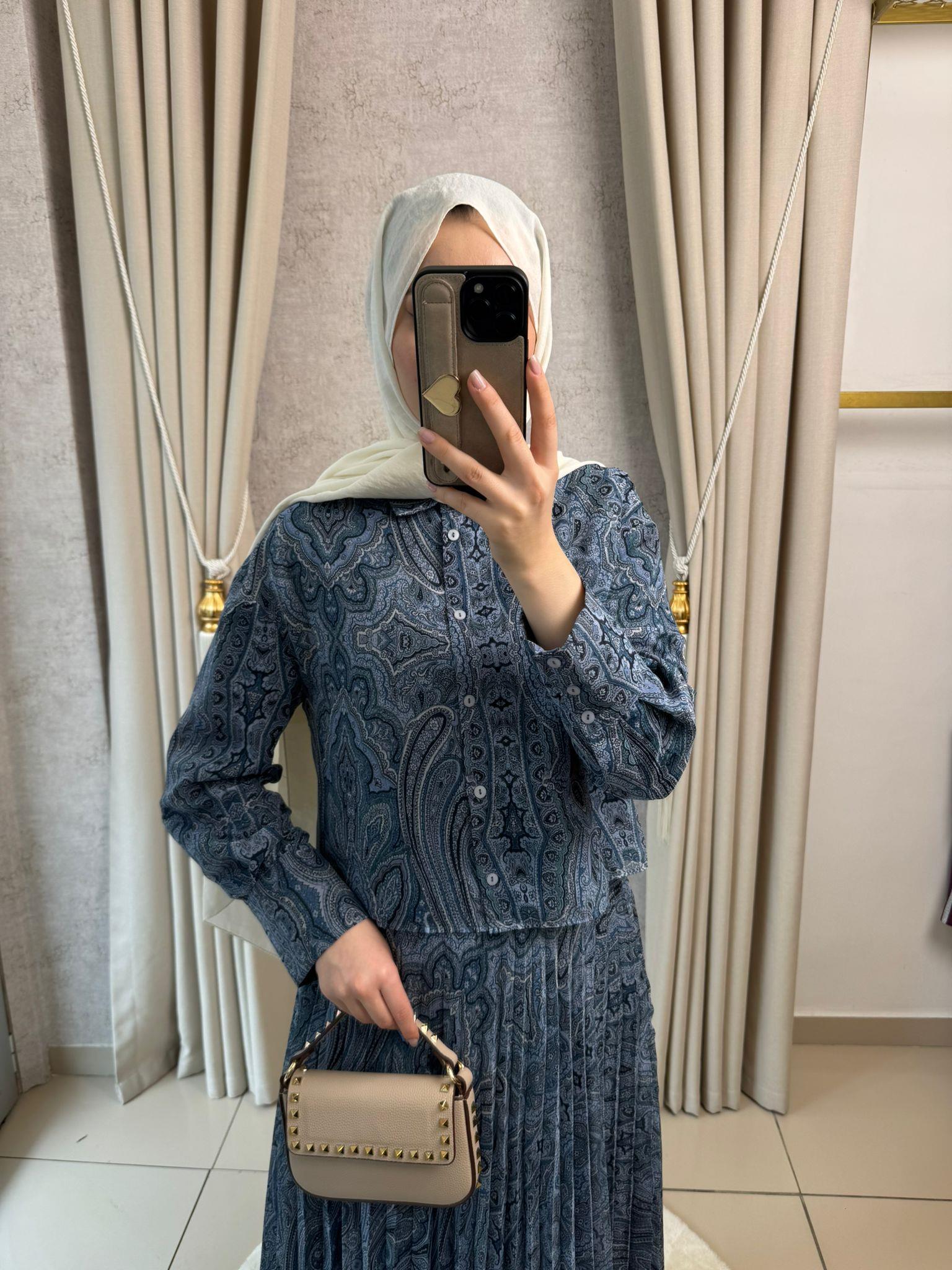 Miori Ethnic Pilise Soft Touch  Şifon Etekli Takım Mavi
