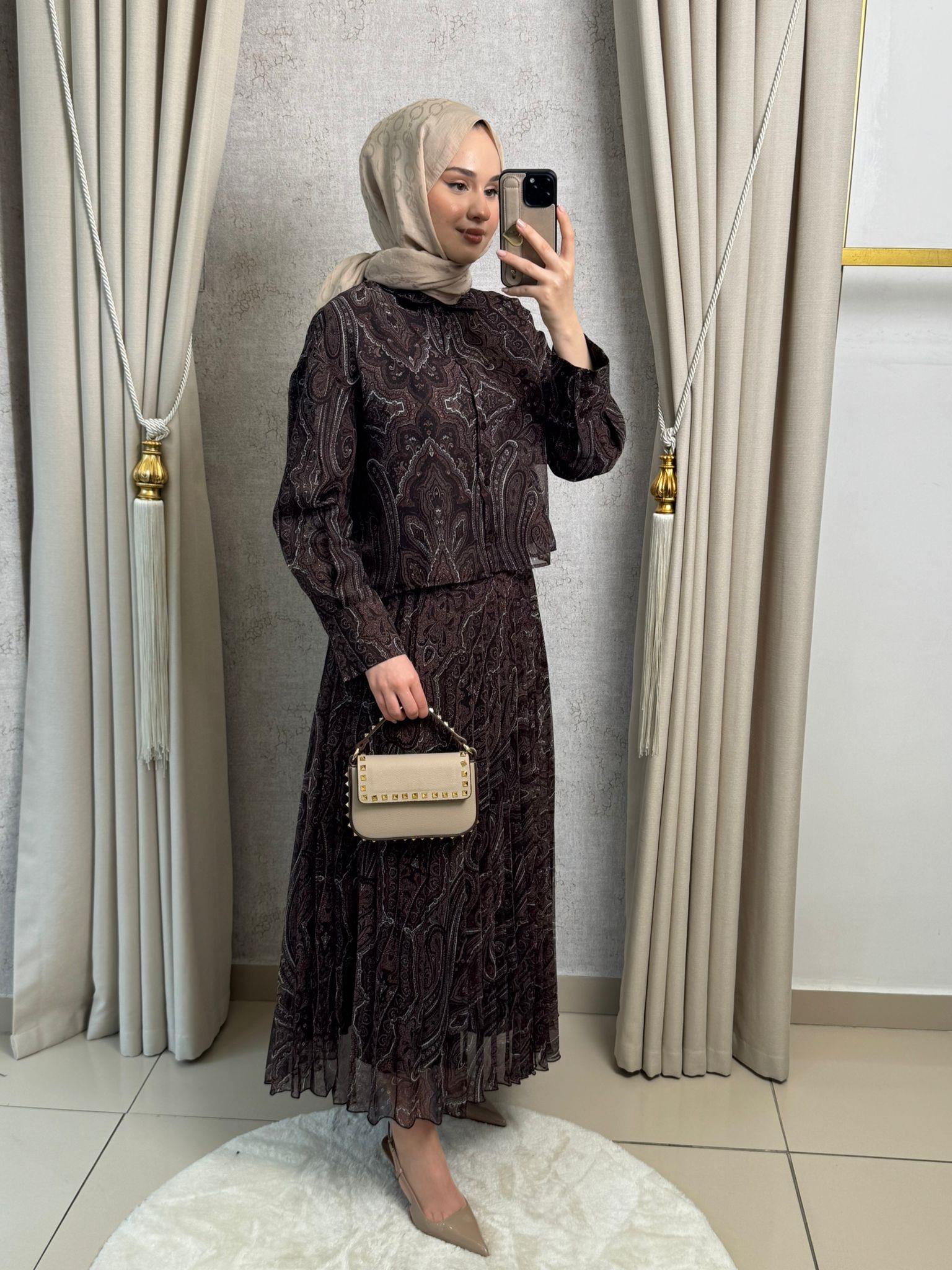 Miori Ethnic Pilise Soft Touch  Şifon Etekli Takım Kahverengi