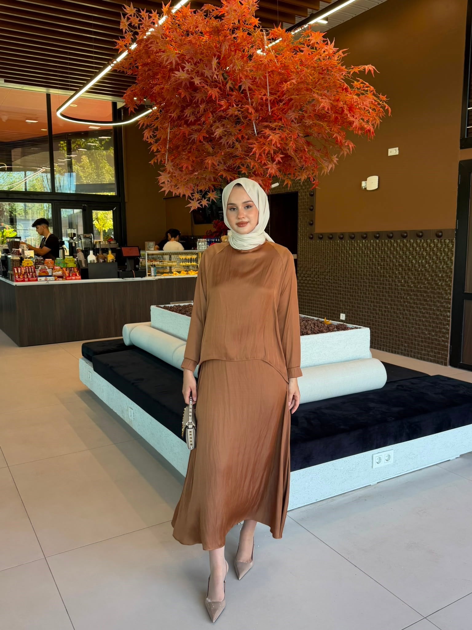 Miori Ramos Premium Saten Etekli Takım Camel