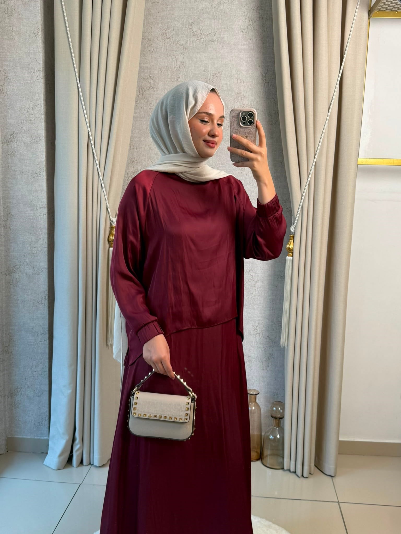 Miori Ramos Premium Saten Etekli Takım Bordo