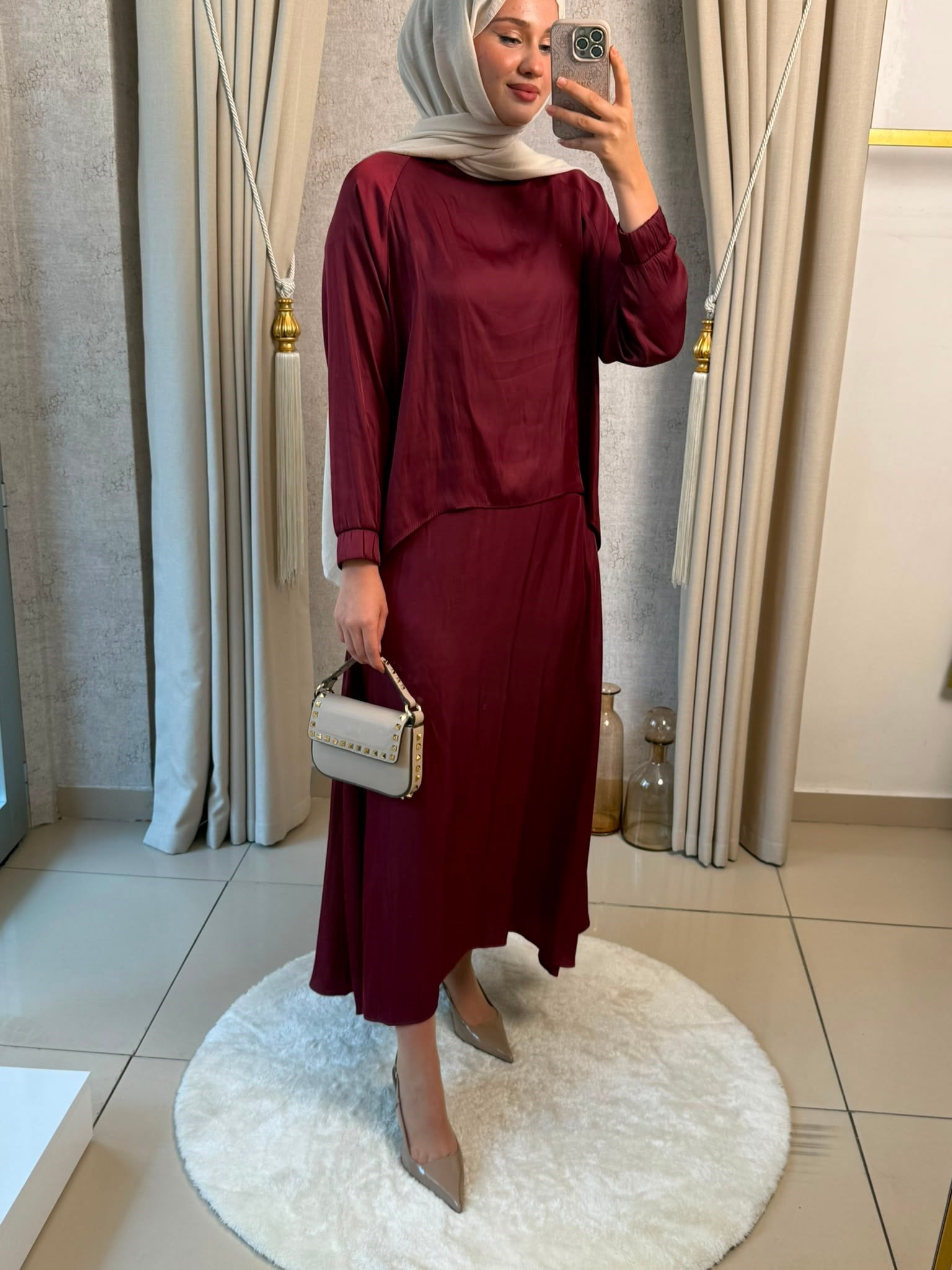 Miori Ramos Premium Saten Etekli Takım Bordo