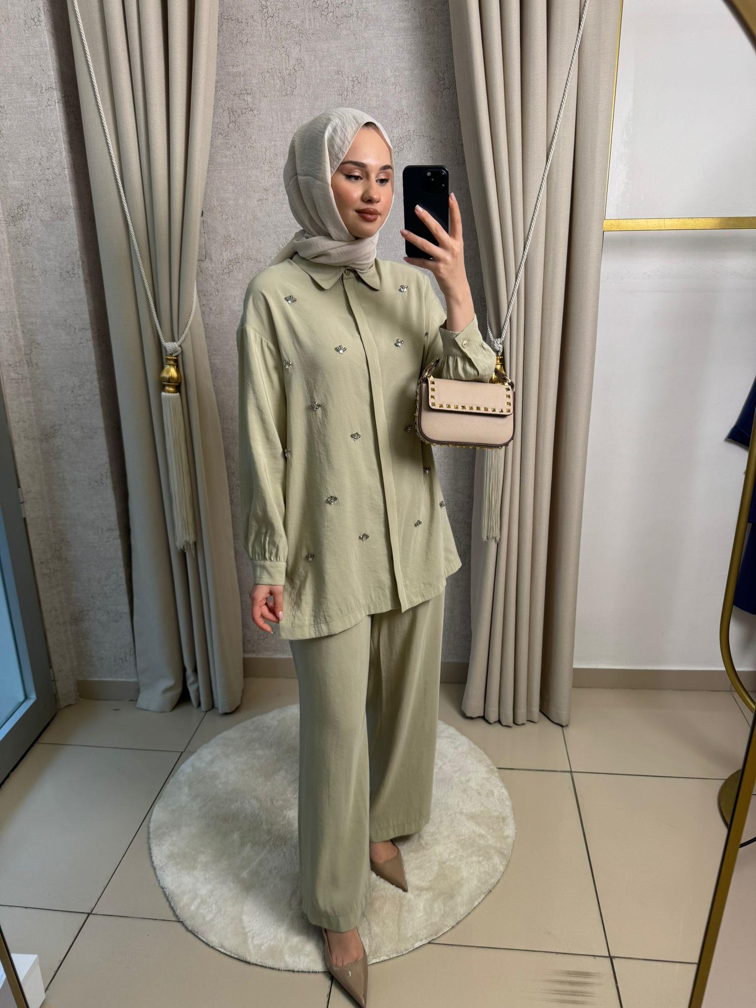 Nuss 1064 Taş İşlemeli Pantolonlu Takım Gölge