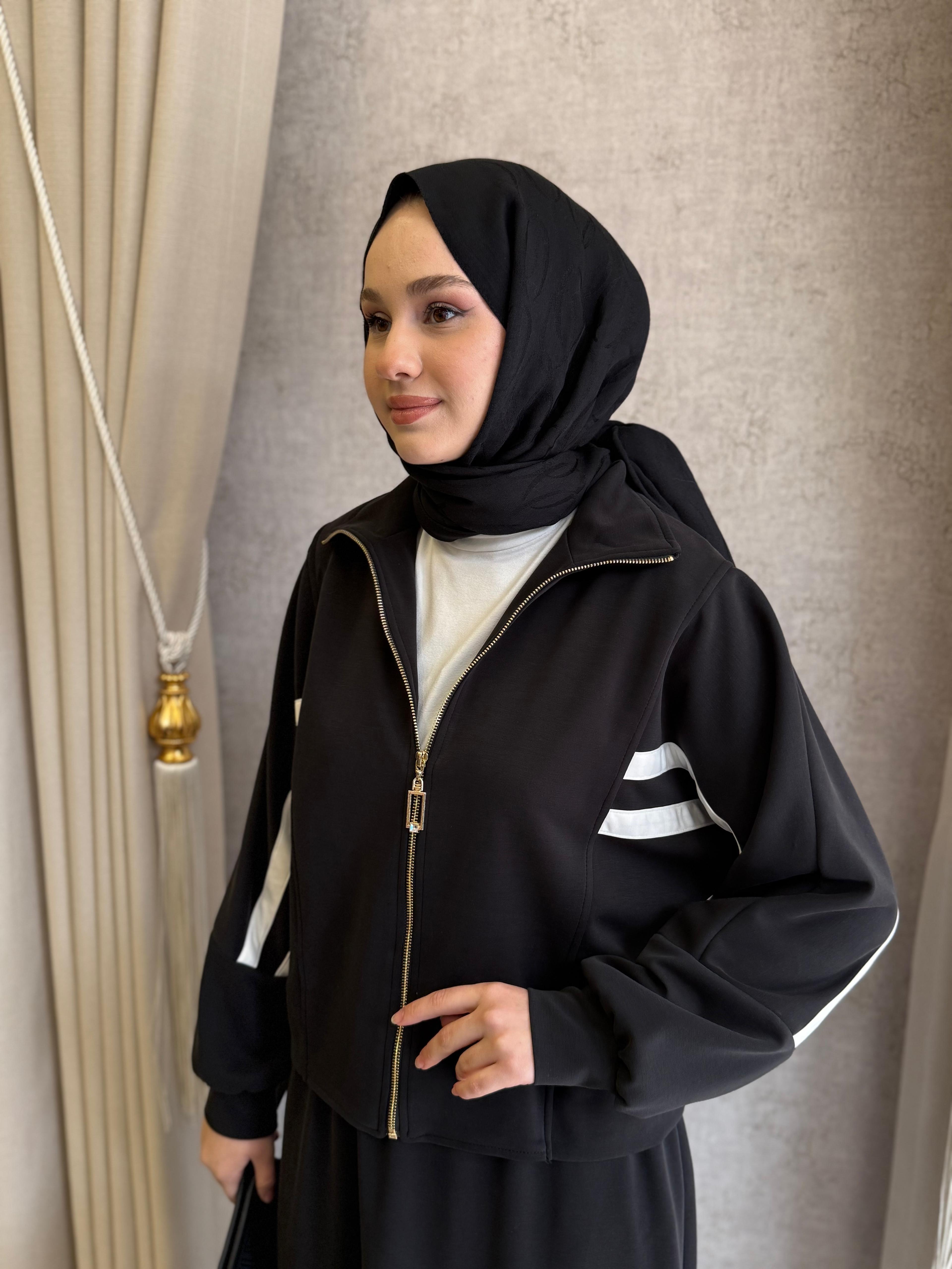 Nuss 1096 Kolları Çift Şerit Detaylı Etekli Takım Siyah