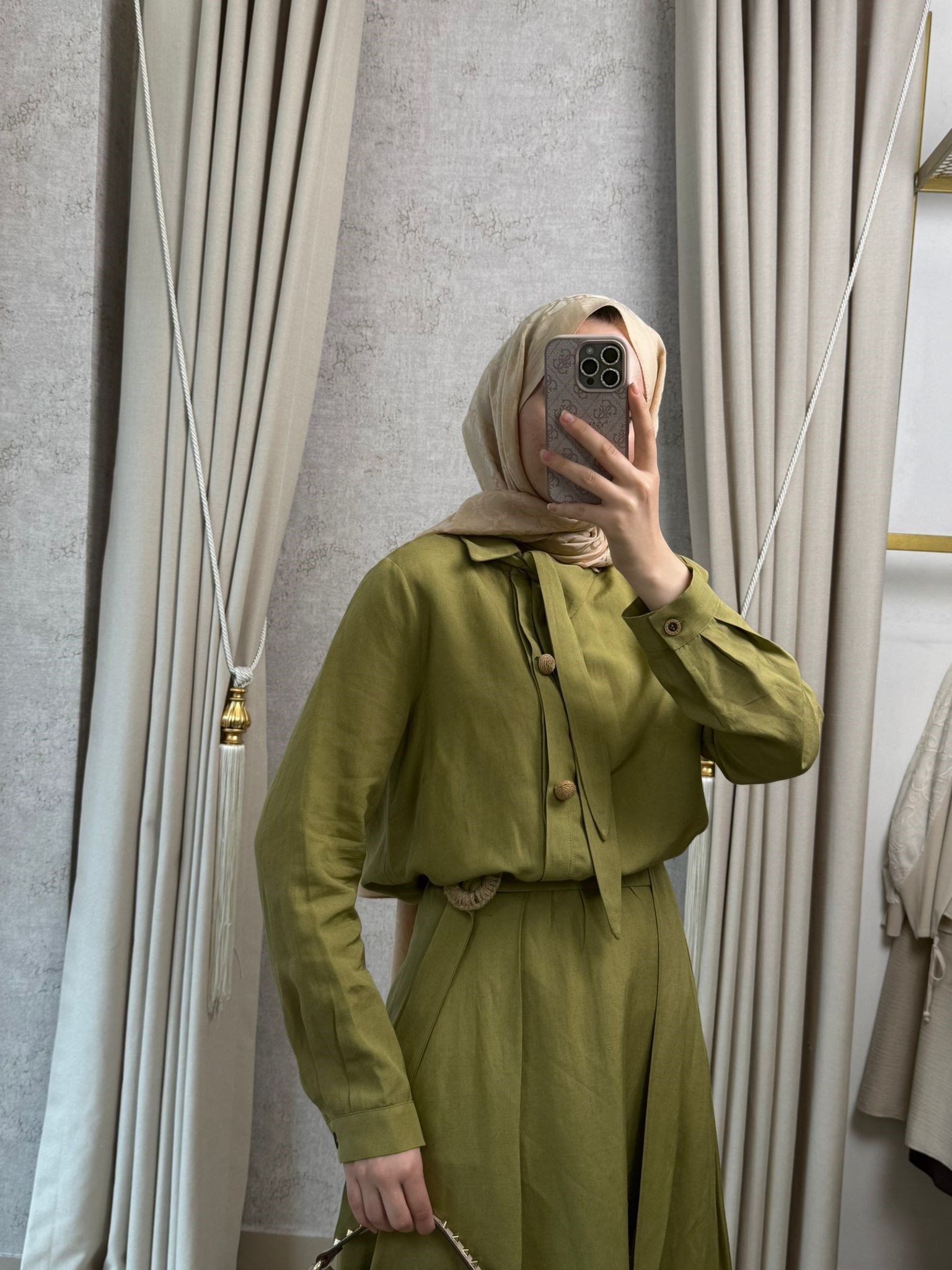 Tığ Triko 5143 Hasır Aksesuarlı Etekli Takım Olive