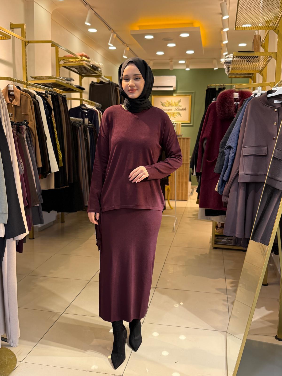 Tığ Triko Püskül Detaylı Bluz Etek Rayon Takım 21983 MÜRDÜM