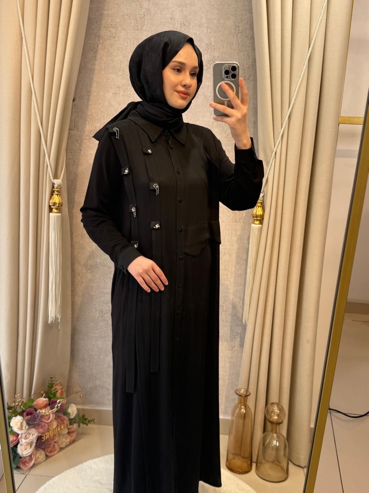 Behrem Büyük Beden Tesettür Taşlı Ferace 28080 Siyah