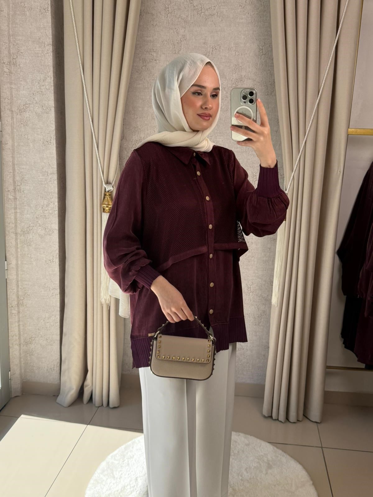 Niliwi 3125 Fileli Yelekli İpek Kupra Gömlek Bordo