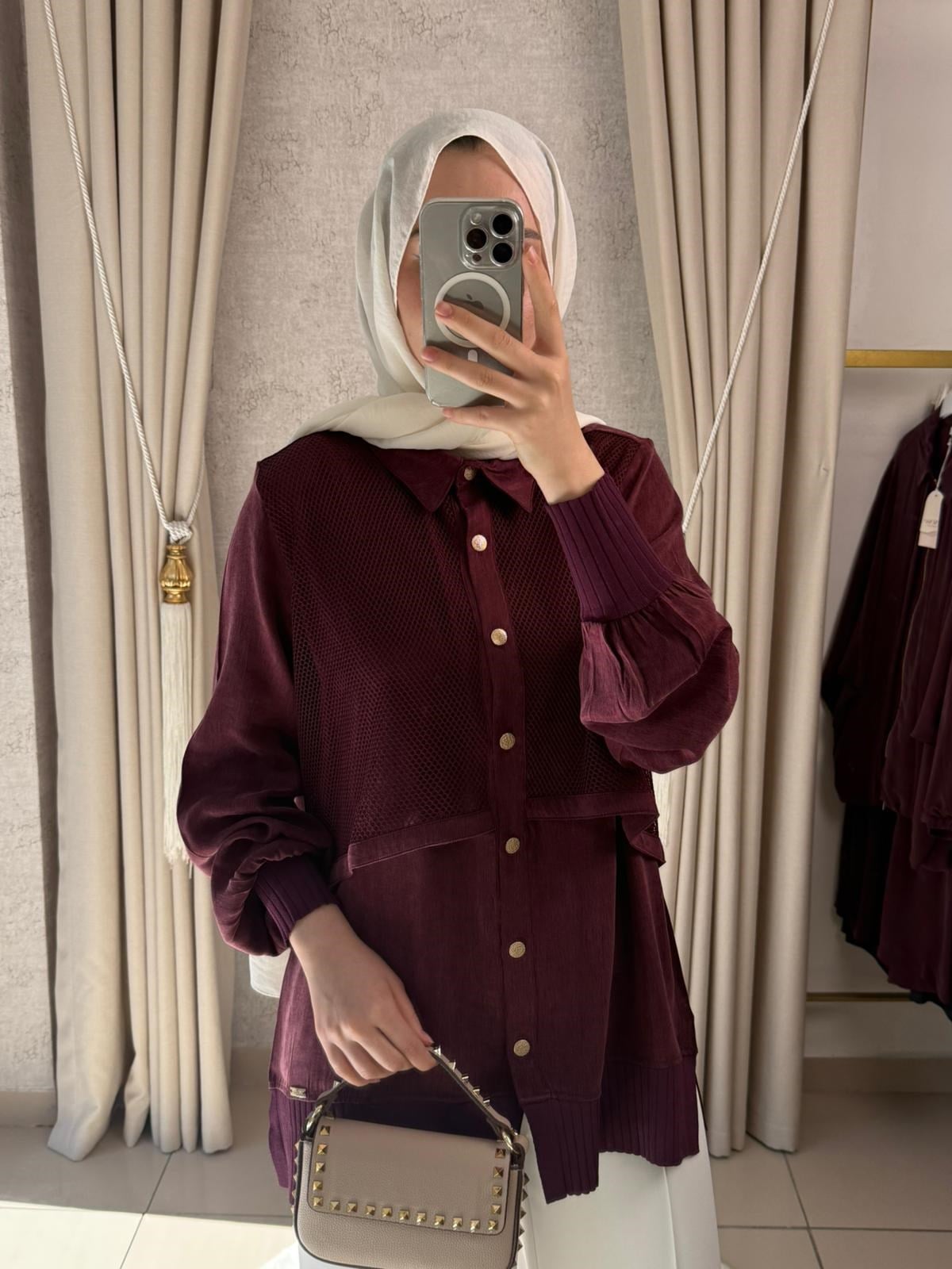 Niliwi 3125 Fileli Yelekli İpek Kupra Gömlek Bordo