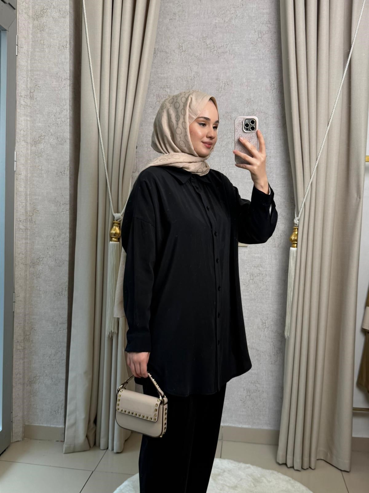 Tığ Triko 4037 Saten Yüzlü Oversize Gömlek Siyah