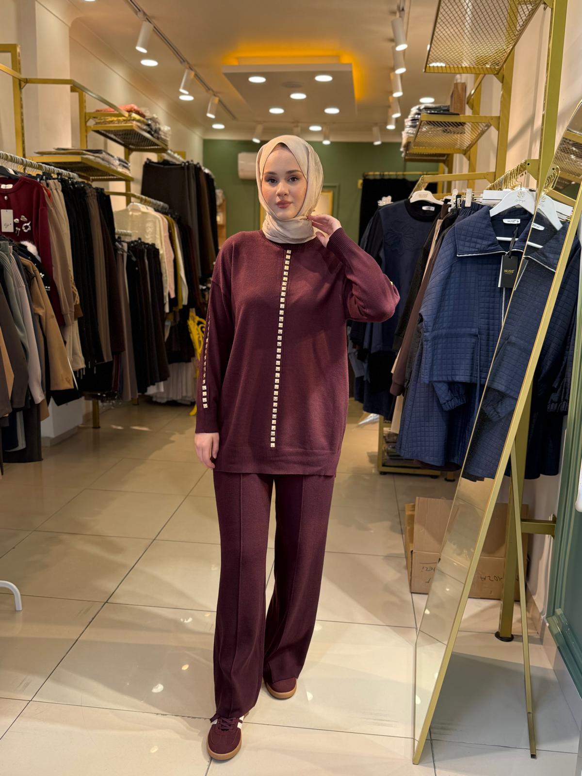 Tığ Triko Şerit Taş İşlemeli Tunik Pantolon Takım 22005 Bordo