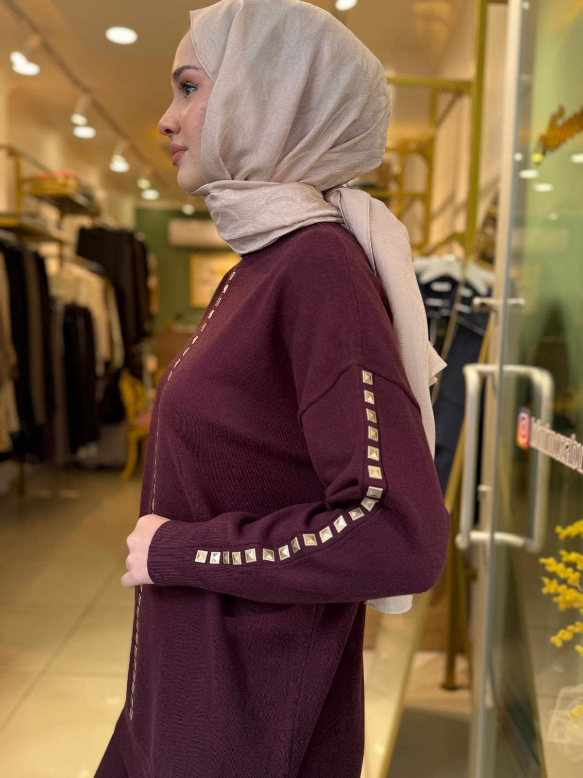 Tığ Triko Şerit Taş İşlemeli Tunik Pantolon Takım 22005 Bordo