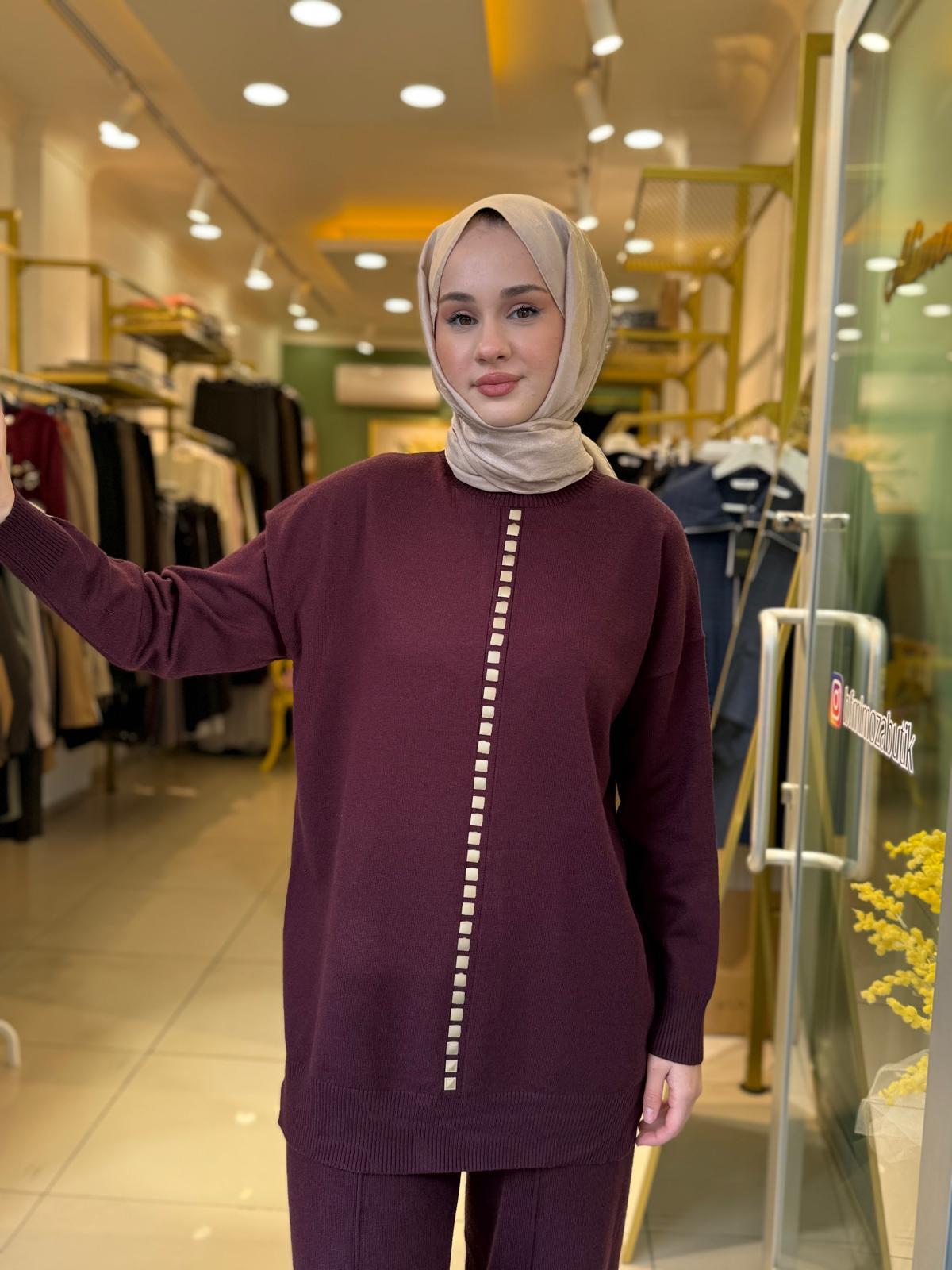 Tığ Triko Şerit Taş İşlemeli Tunik Pantolon Takım 22005 Bordo