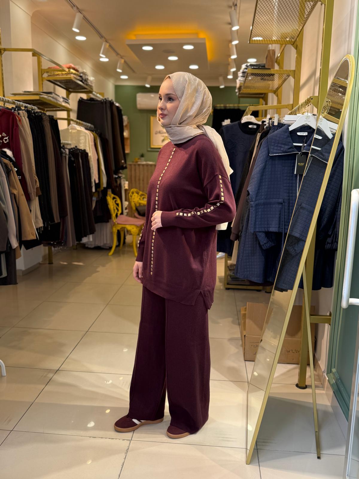 Tığ Triko Şerit Taş İşlemeli Tunik Pantolon Takım 22005 Bordo