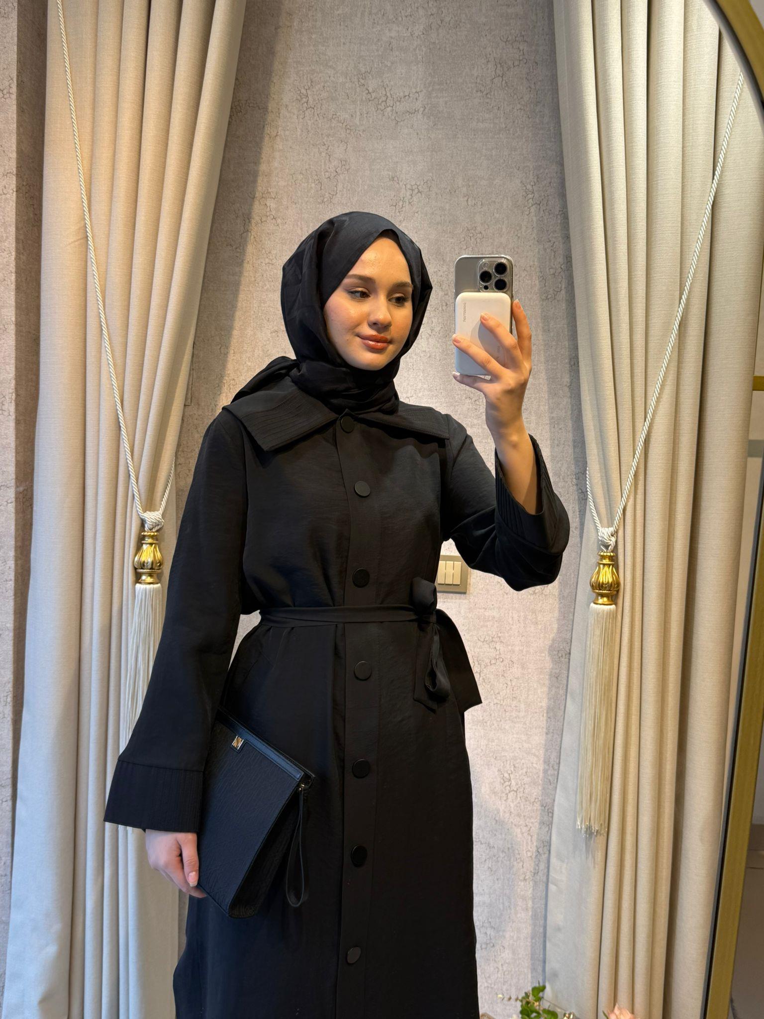 Nuss 6032 Gemici Yaka Kemer Detaylı Kap Siyah