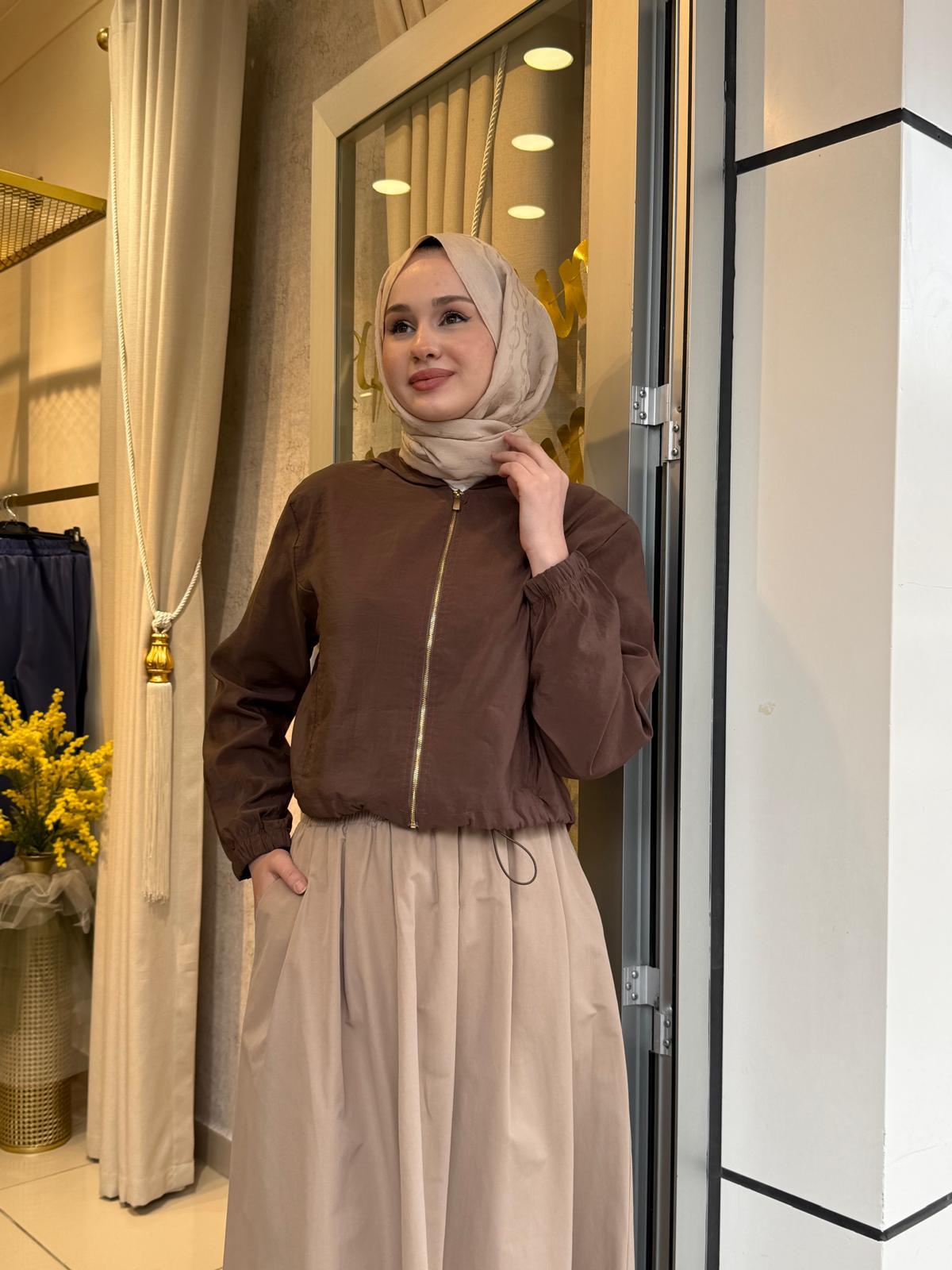 Kapüşonlu Fermuarlı Bomber Kap Kahverengi