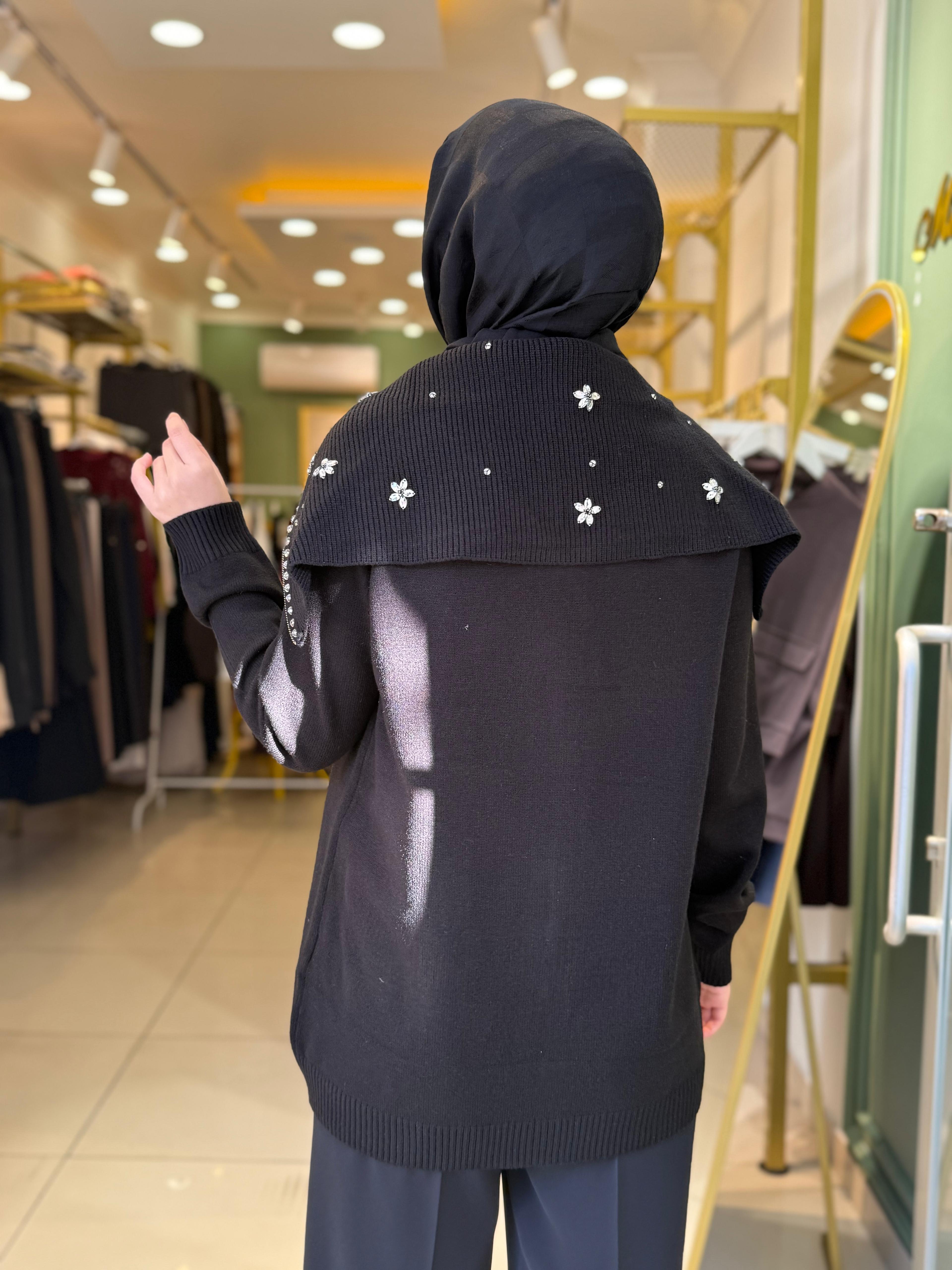 Tığ Triko Denizci Yaka Fermuarlı Dikme Taşlı Hırka 21841 Siyah
