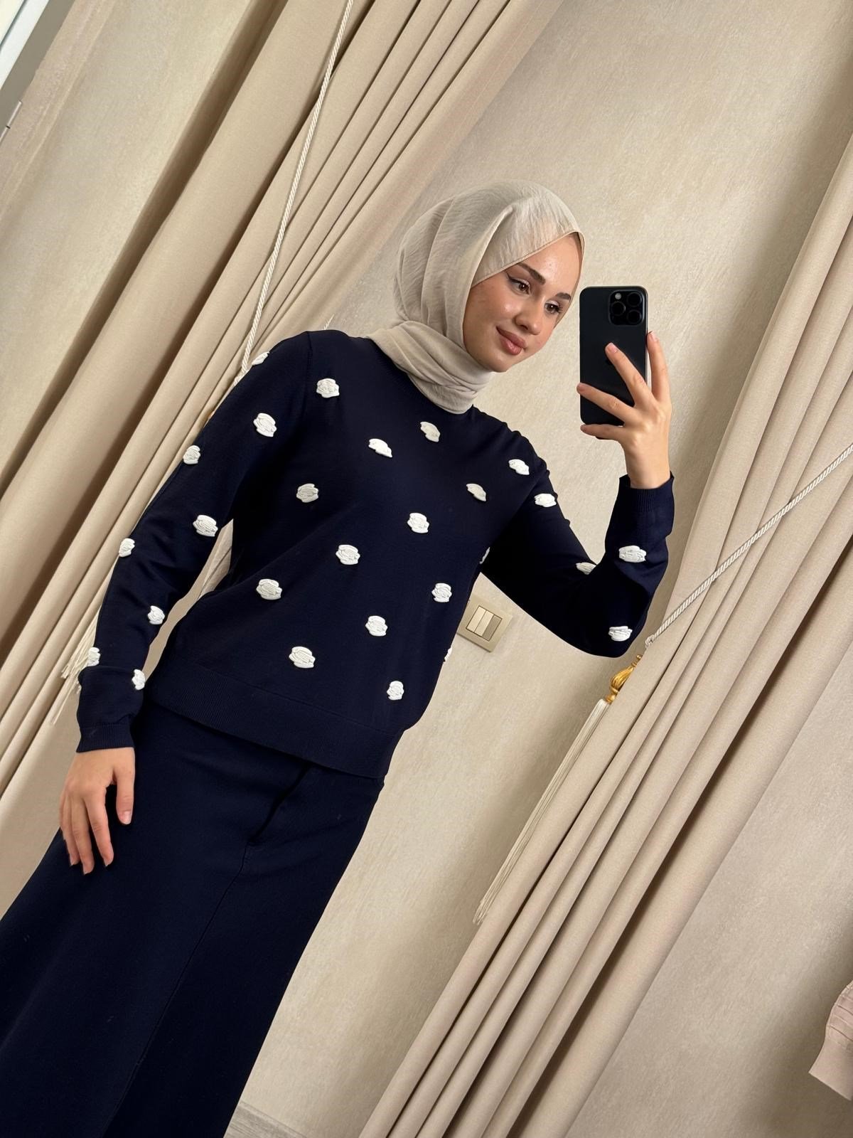 Ghisa 4474 Nakış Bulut İşlemeli  Merserize Bluz Lacivert