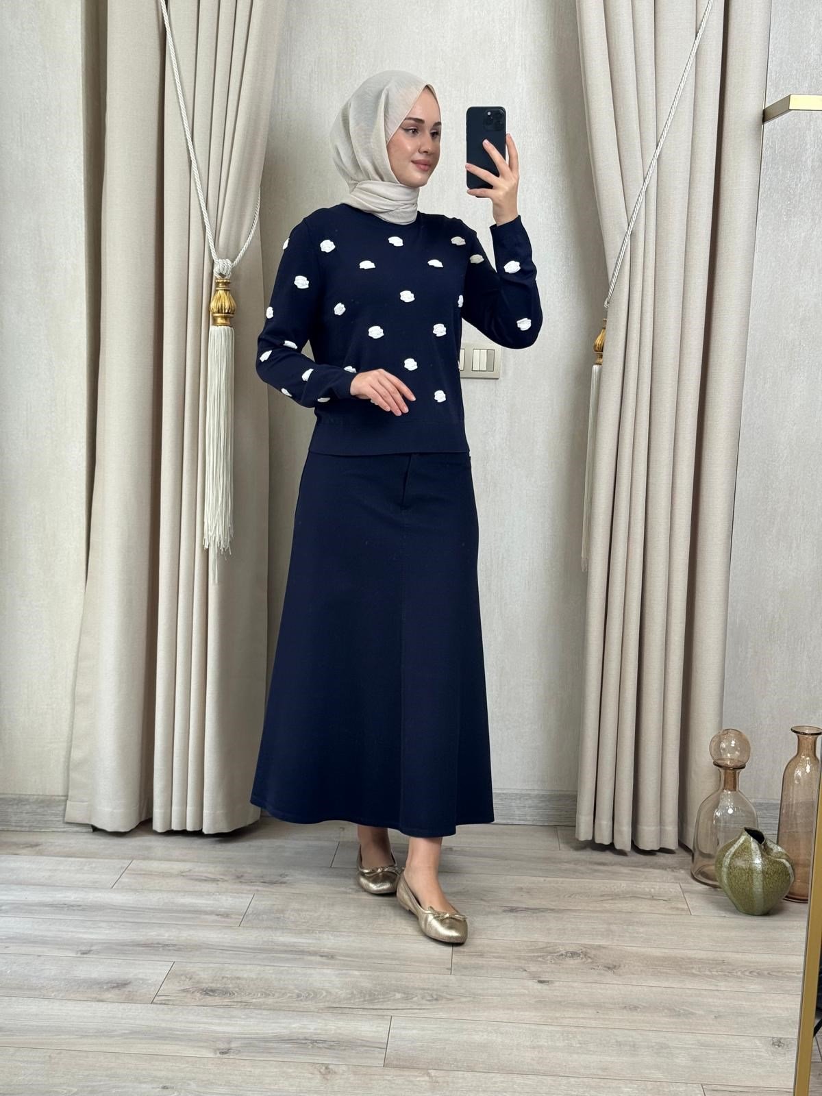 Ghisa 4474 Nakış Bulut İşlemeli  Merserize Bluz Lacivert