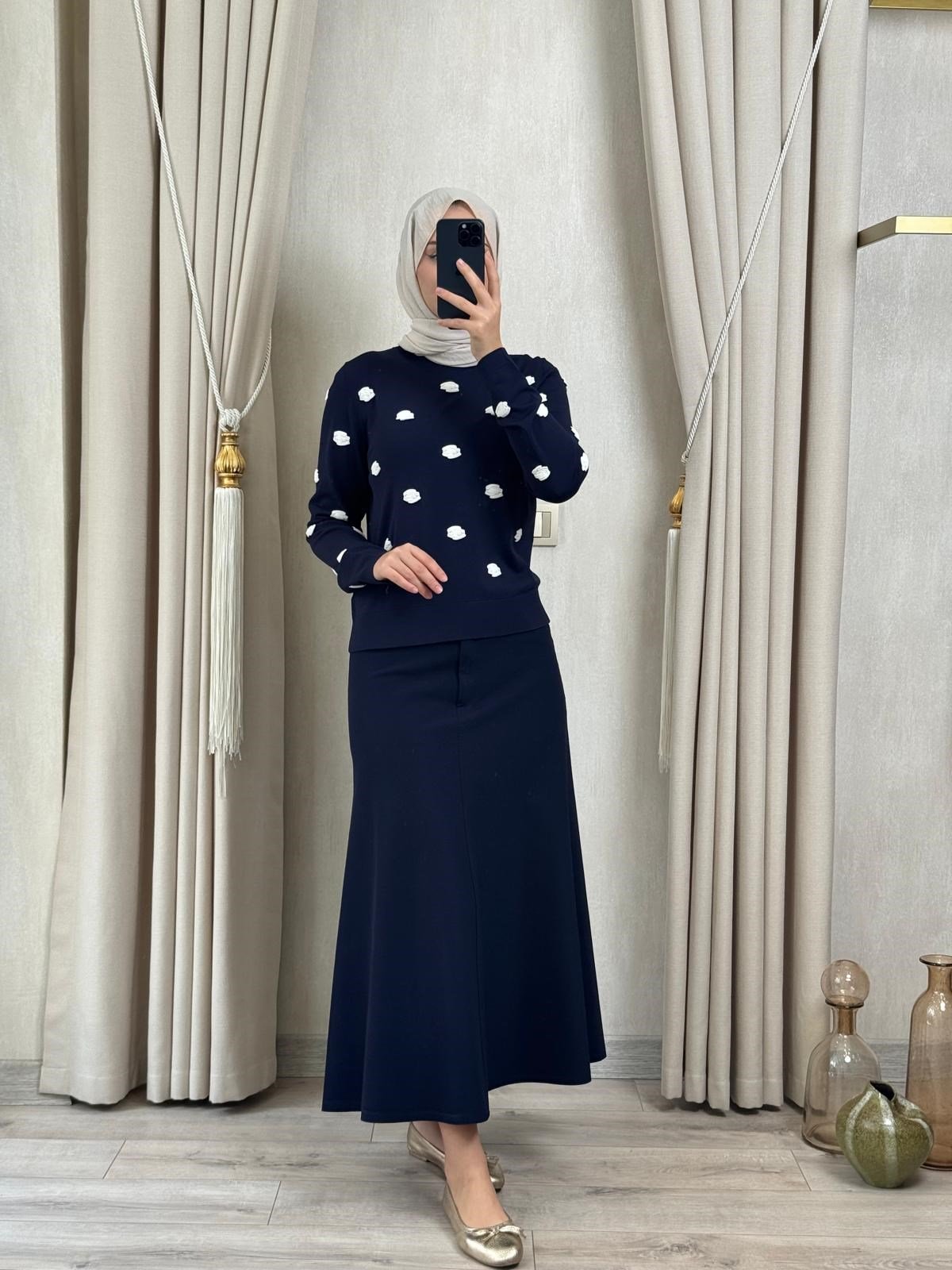 Ghisa 4474 Nakış Bulut İşlemeli  Merserize Bluz Lacivert