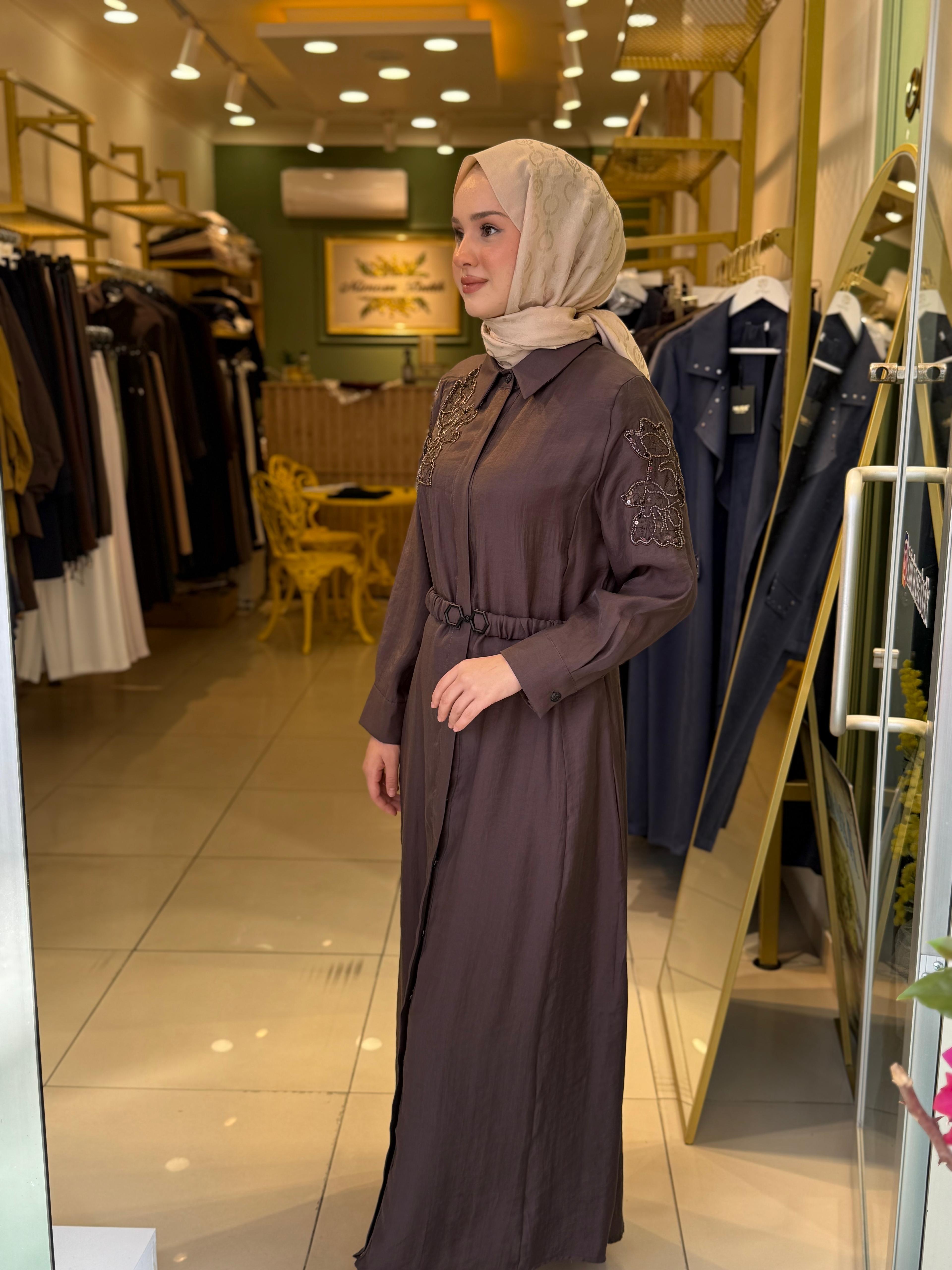 Lissmore 5975 Boncuk İşlemeli Elbise Kahverengi