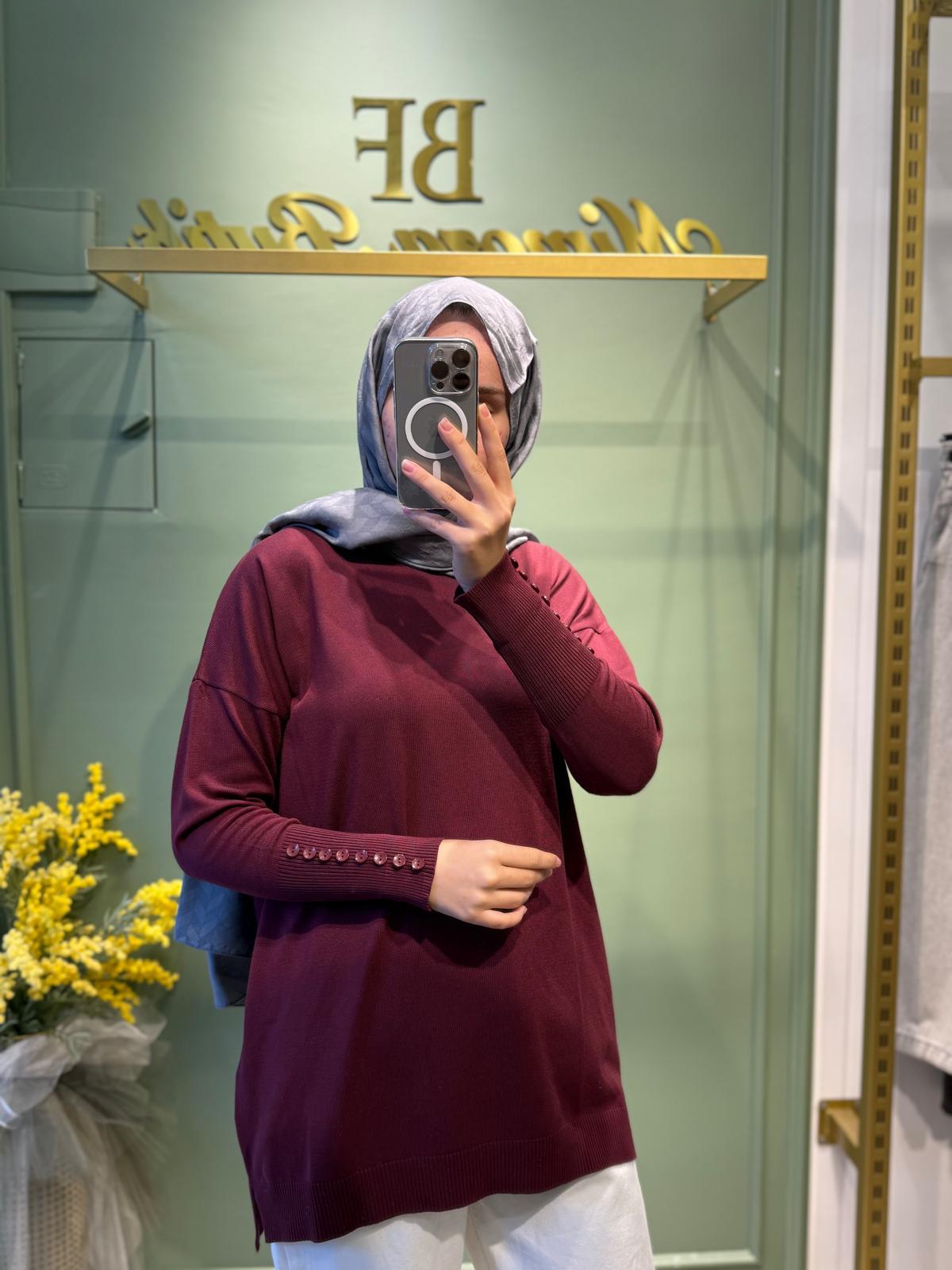 MRW1503 Basic Kolu Düğmeli Triko Bordo