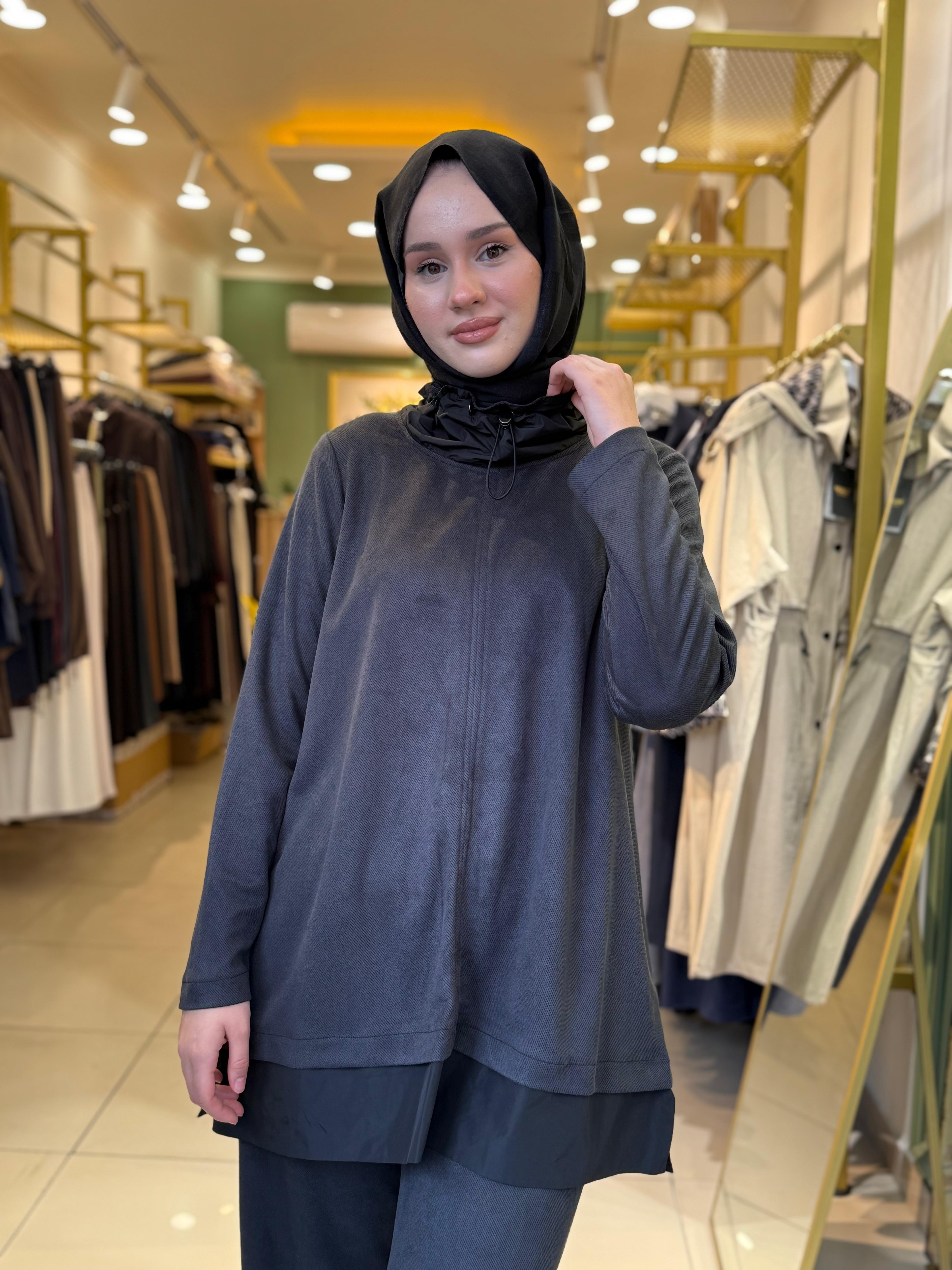Nuss 1008 Boyun Detaylı  Pantolonlu Takım Antrasit