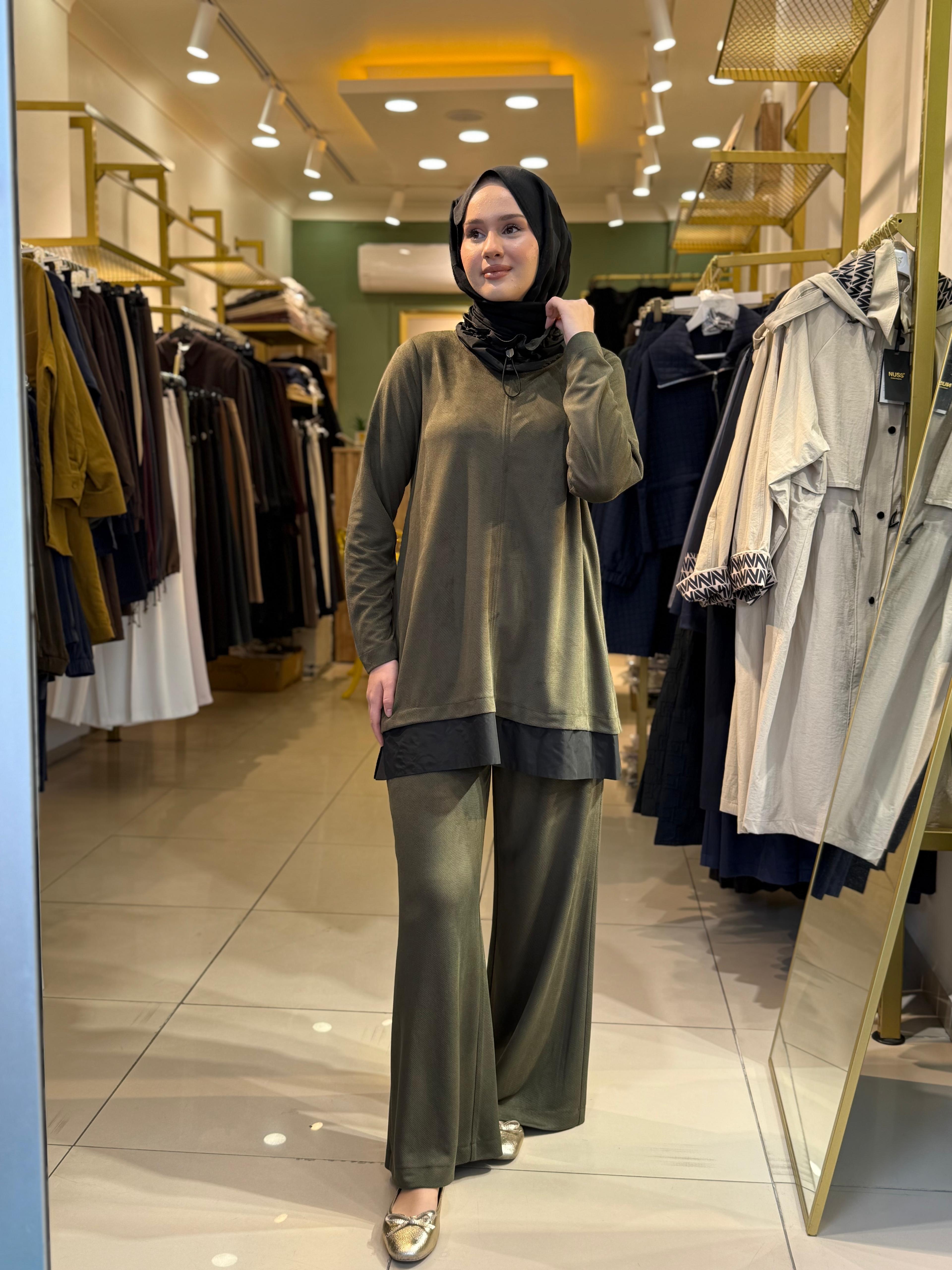 Nuss 1008 Boyun Detaylı  Pantolonlu Takım Yeşil