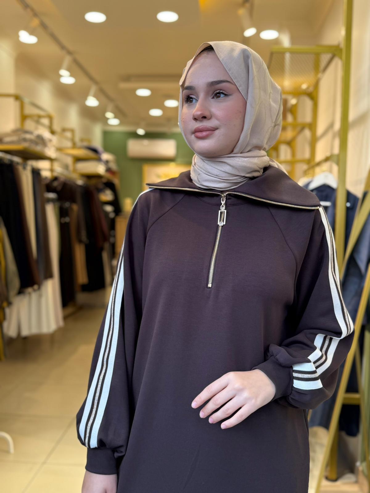 Nuss 1041 Yaka Fermuar Detaylı Takım Kahverengi