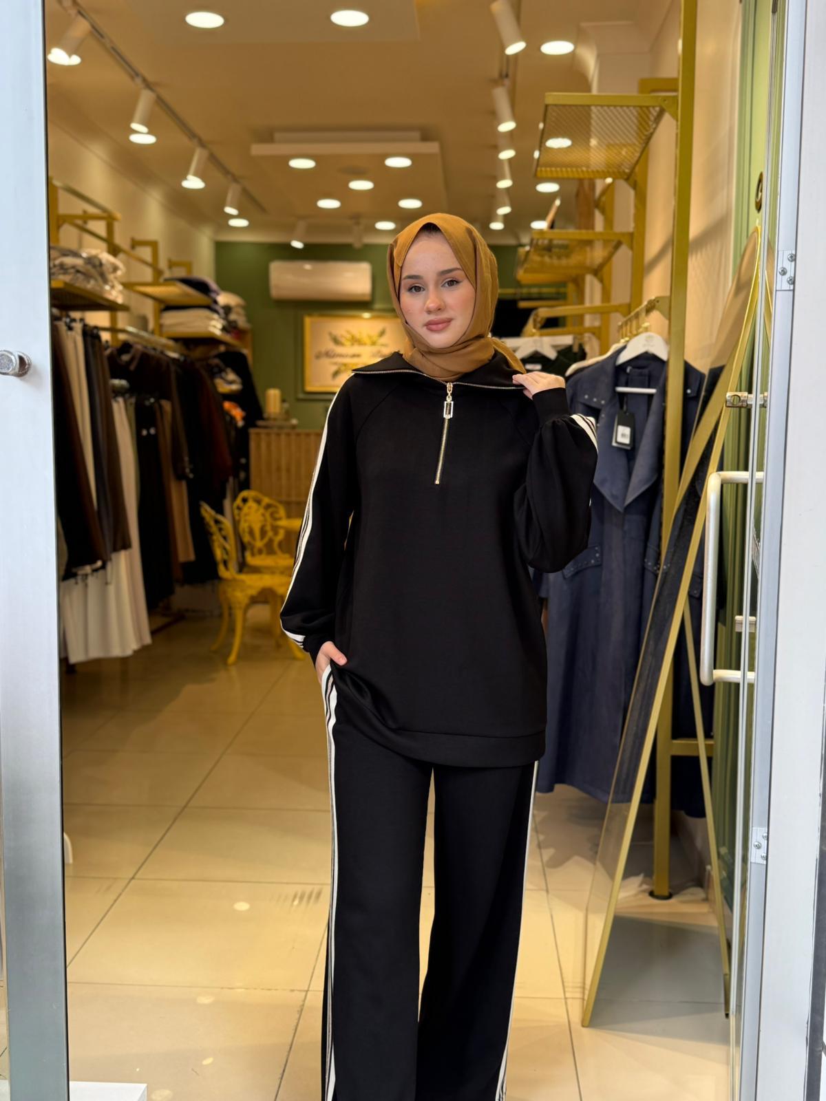 Nuss 1041 Yaka Fermuar Detaylı Takım Siyah