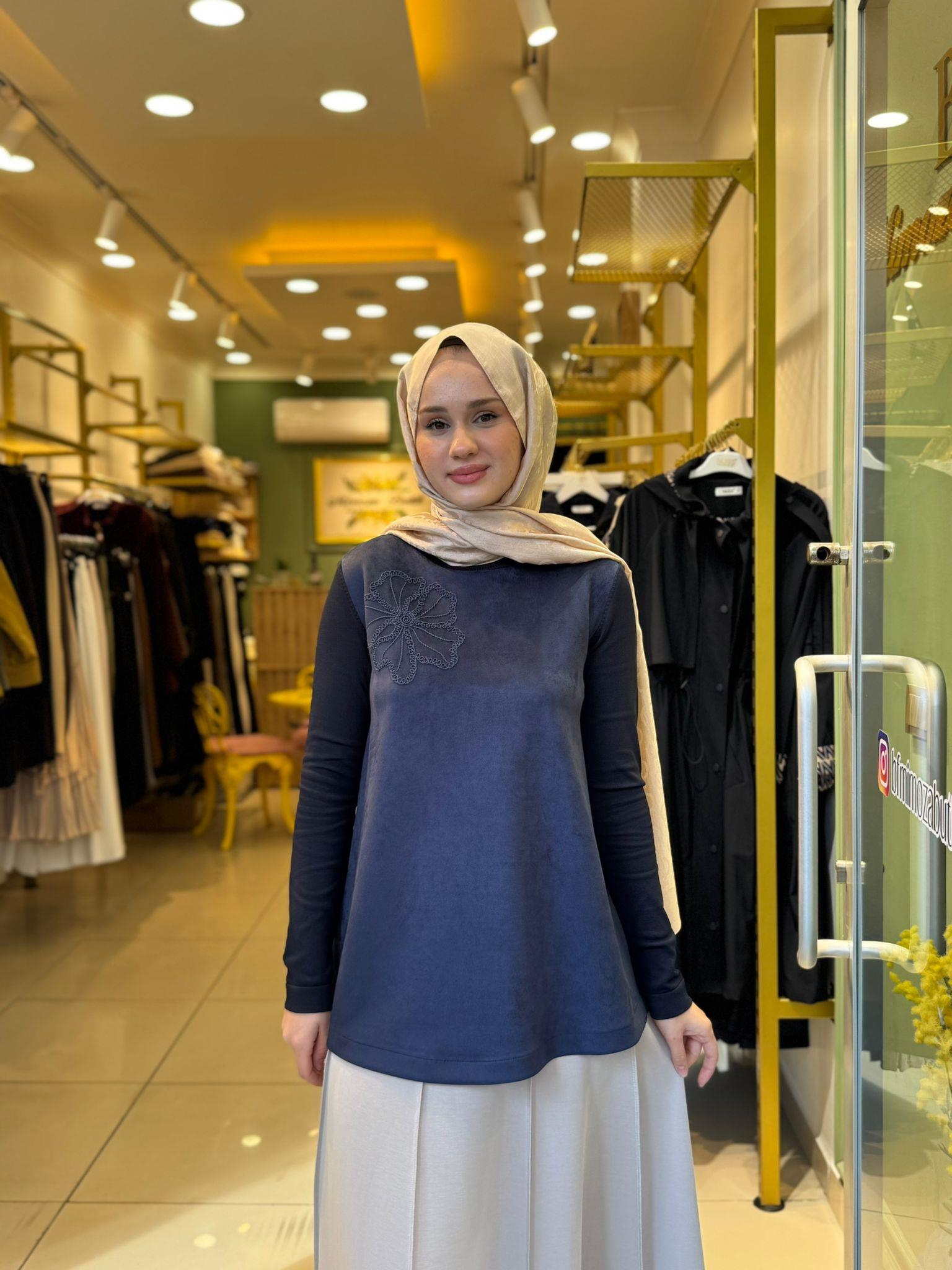 Nuss 3004 Nubuk Yaka İşleme Detaylı Tunik Lacivert